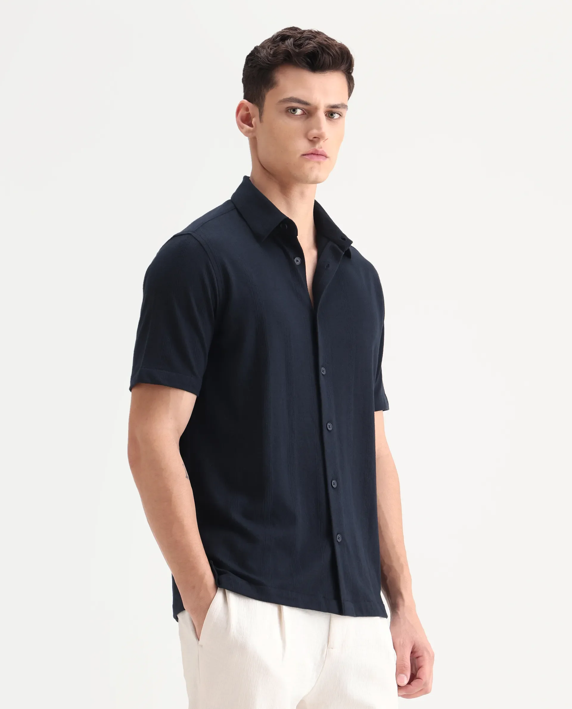 Rare Rabbit Men's Zipo Navy Cotton Fabric Spread Collar Relaxed Fit Jacquard Shirt - Image 5