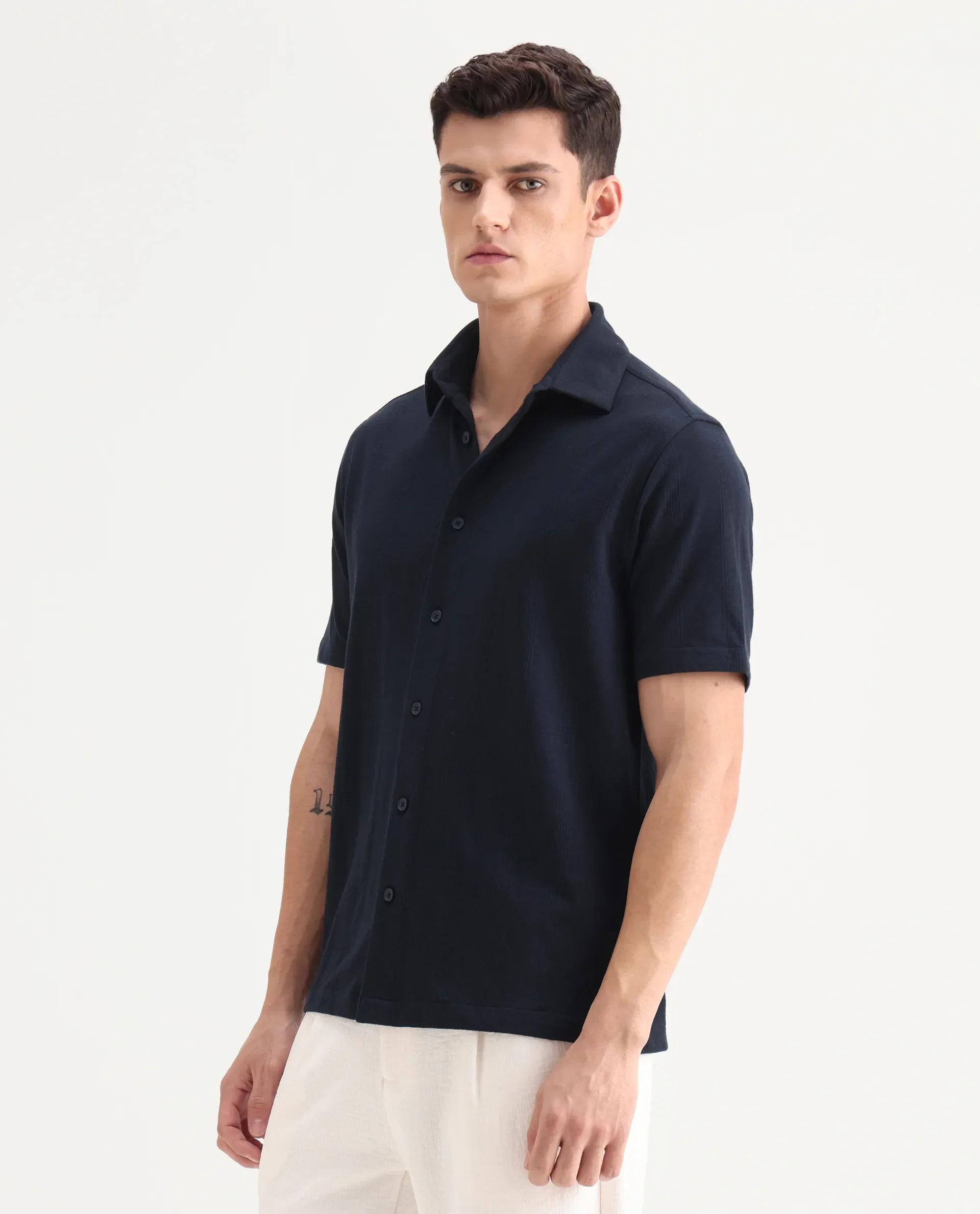 Rare Rabbit Men's Zipo Navy Cotton Fabric Spread Collar Relaxed Fit Jacquard Shirt - Image 6