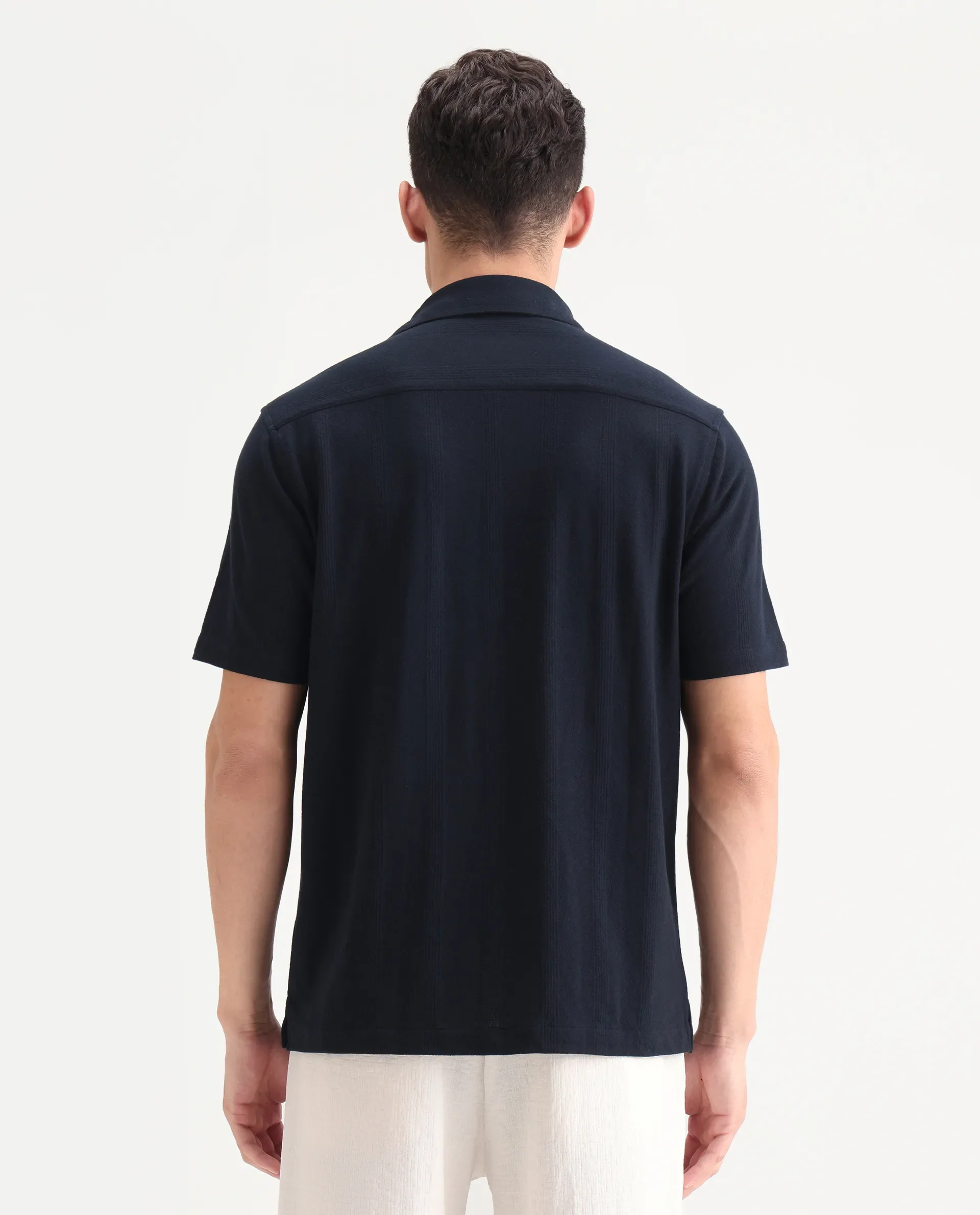 Rare Rabbit Men's Zipo Navy Cotton Fabric Spread Collar Relaxed Fit Jacquard Shirt - Image 7