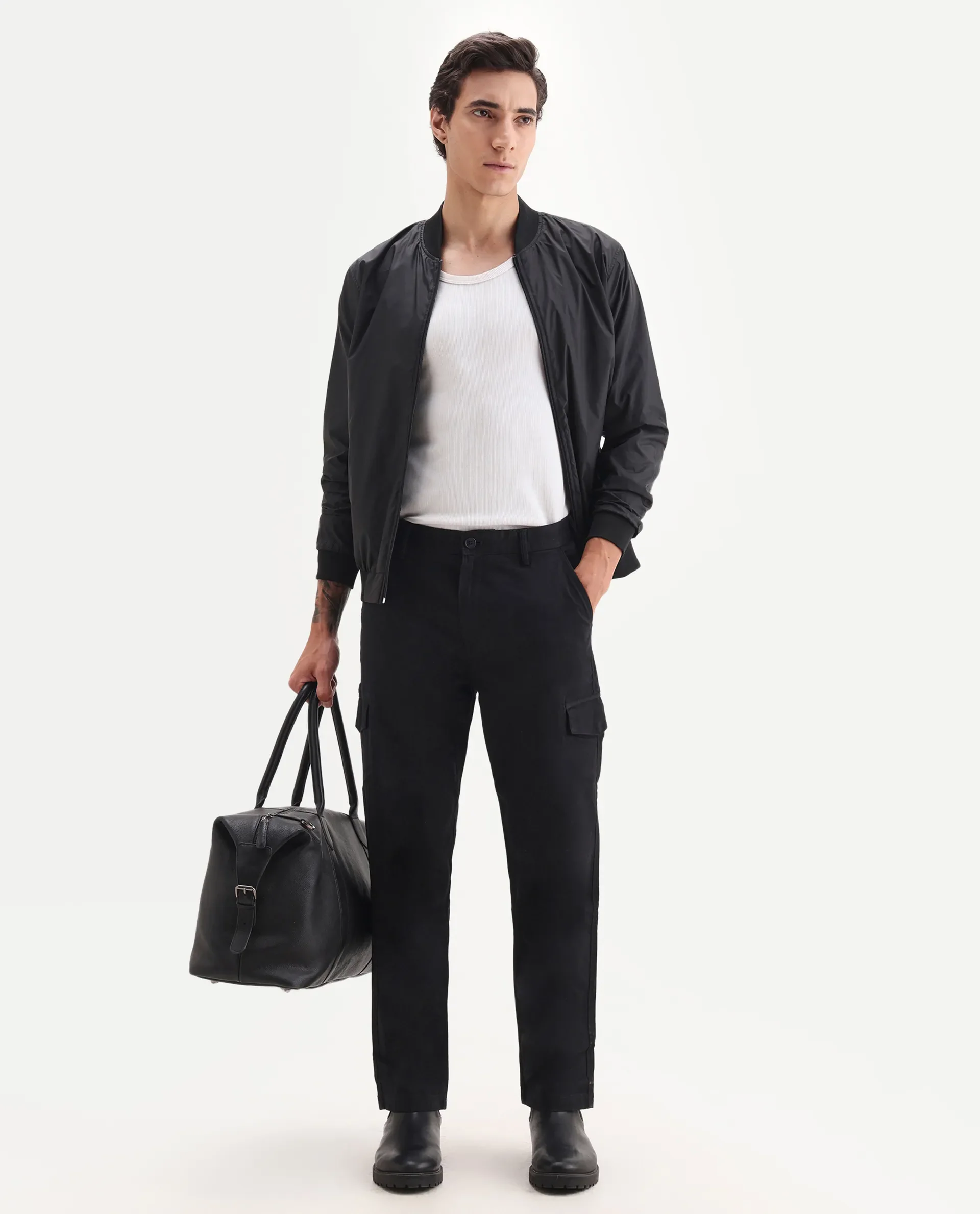 Rare Rabbit Men's Zipo Black Cotton Plain Regular Fit Trouser