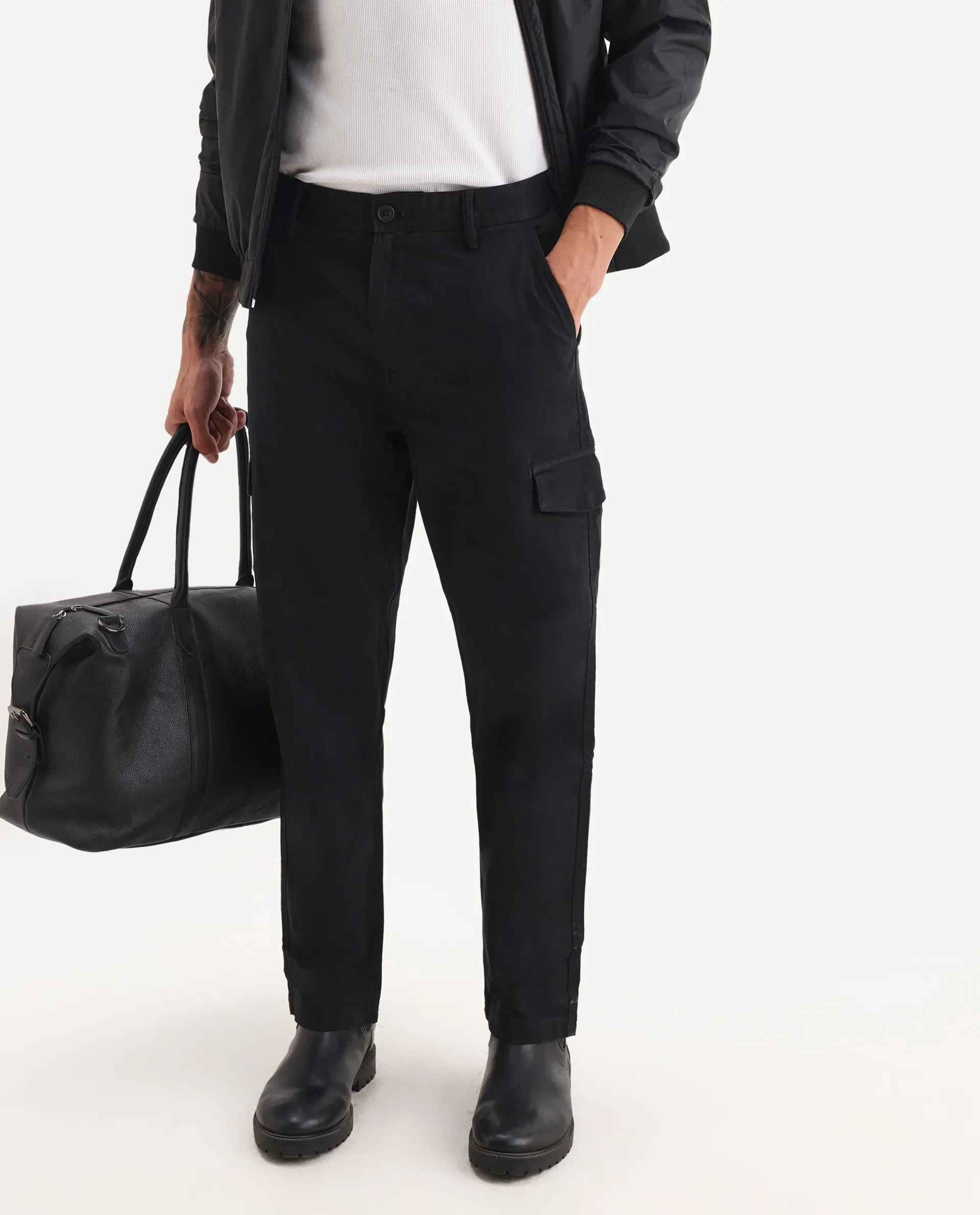 Rare Rabbit Men's Zipo Black Cotton Plain Regular Fit Trouser - Image 2