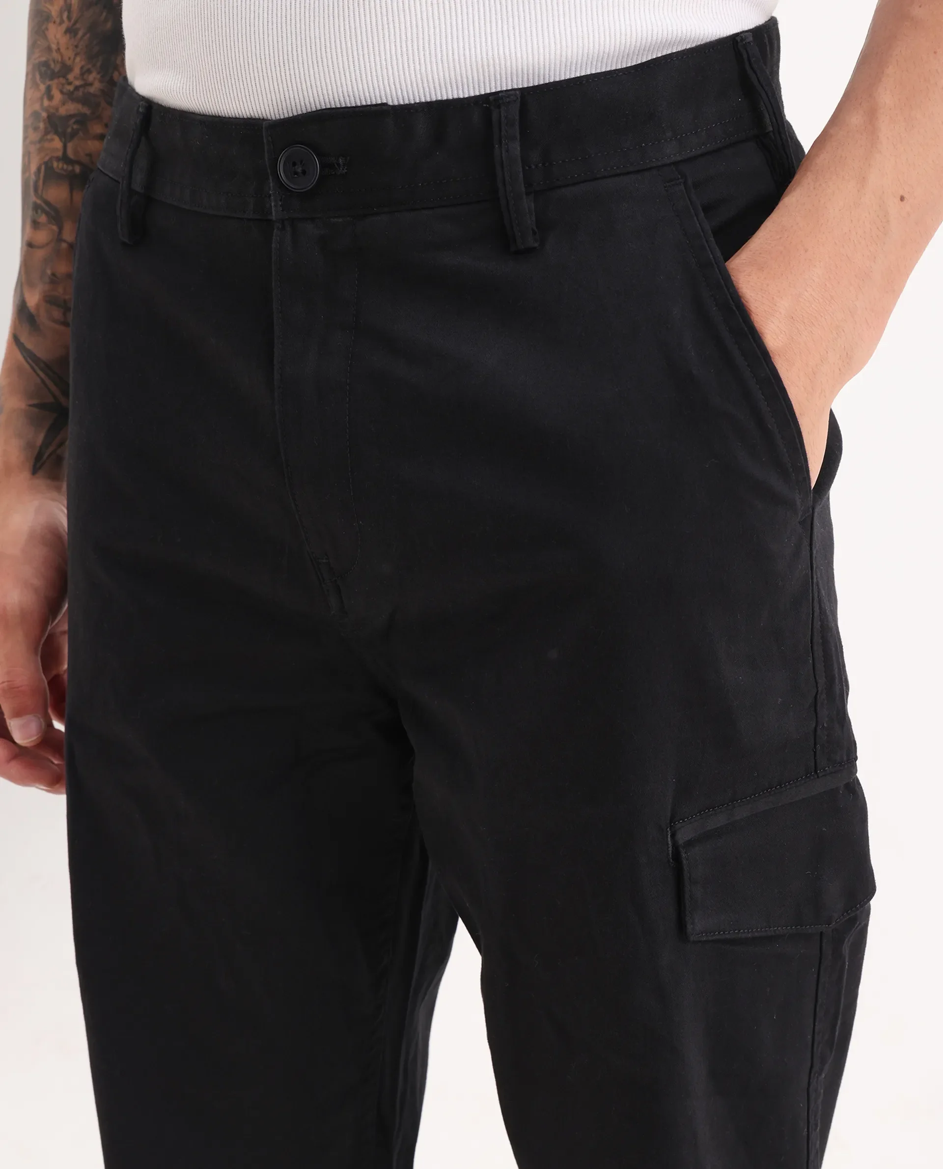 Rare Rabbit Men's Zipo Black Cotton Plain Regular Fit Trouser - Image 3