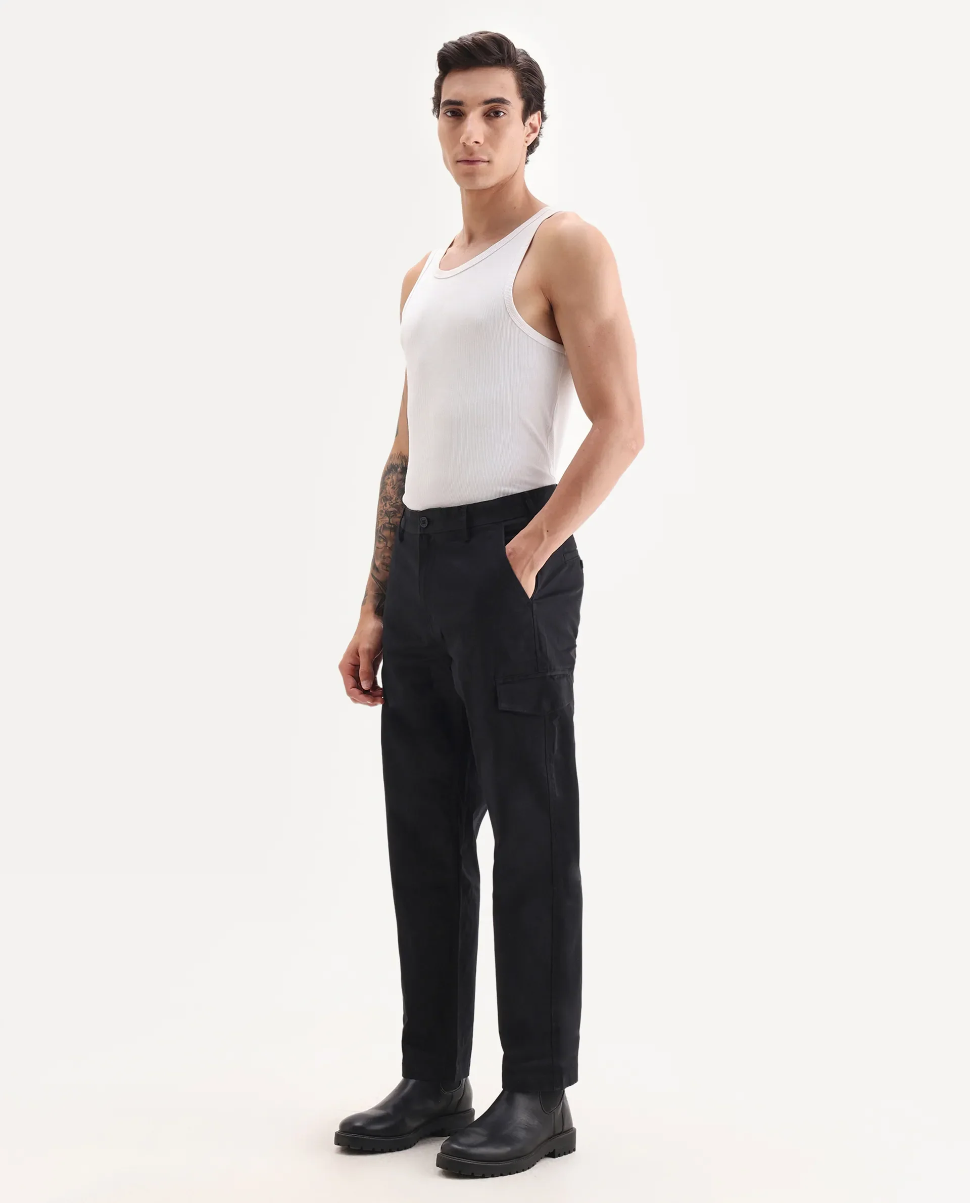 Rare Rabbit Men's Zipo Black Cotton Plain Regular Fit Trouser - Image 4