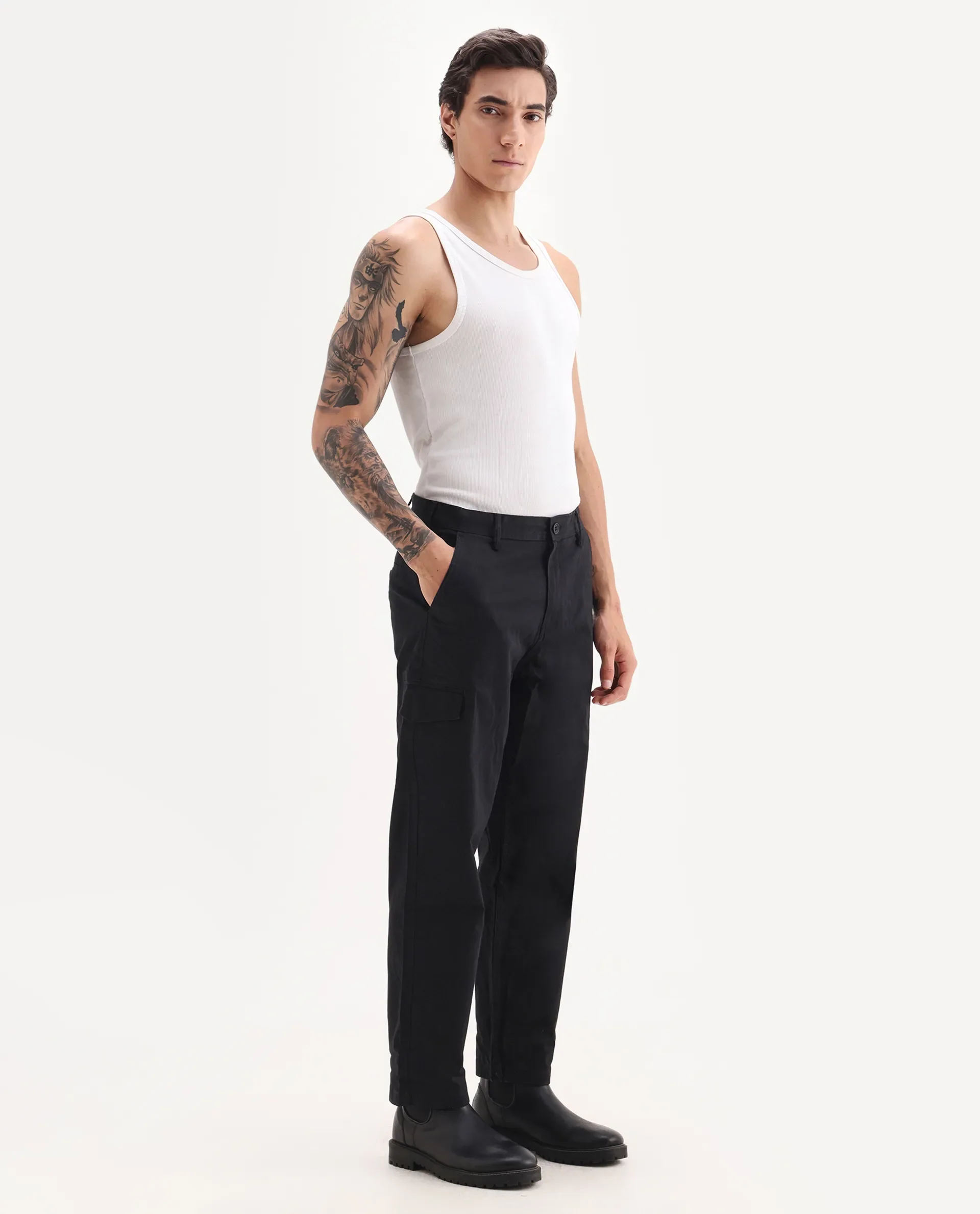 Rare Rabbit Men's Zipo Black Cotton Plain Regular Fit Trouser - Image 5