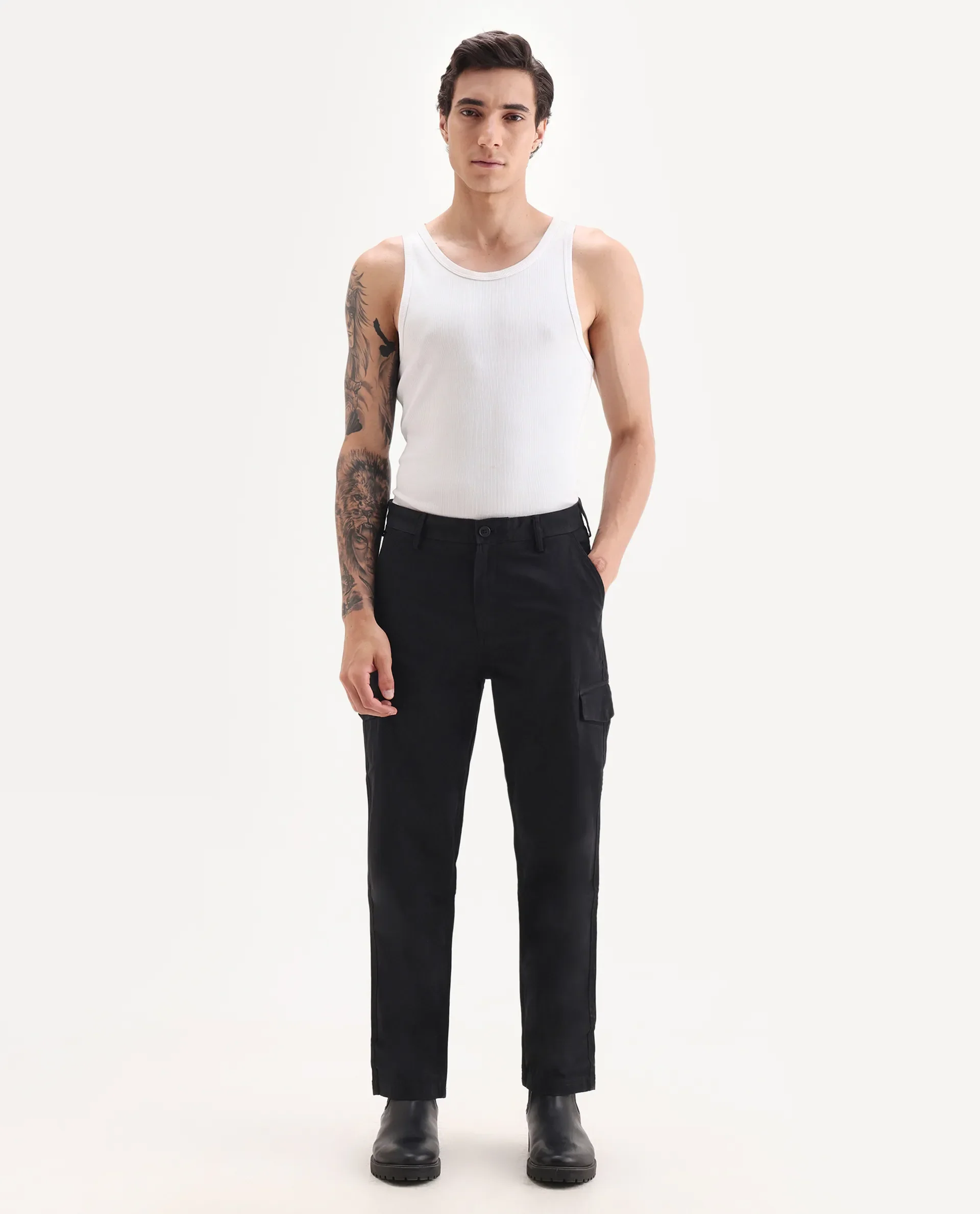 Rare Rabbit Men's Zipo Black Cotton Plain Regular Fit Trouser - Image 6