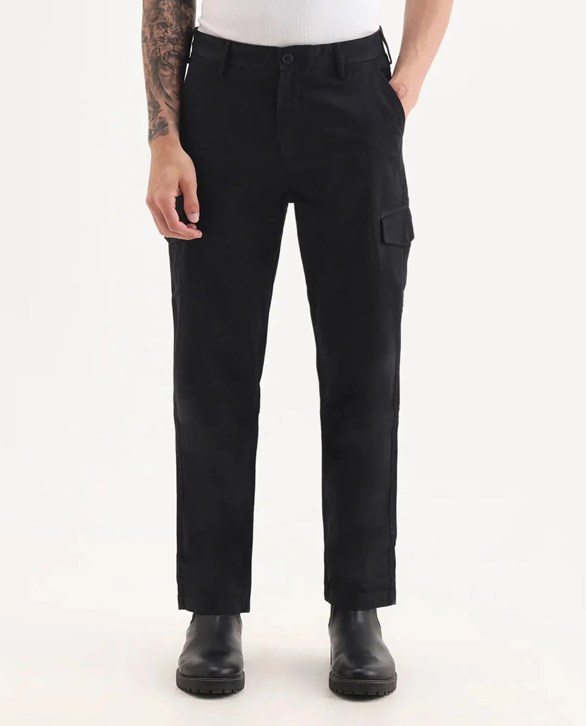 Rare Rabbit Men's Zipo Black Cotton Plain Regular Fit Trouser - Image 8
