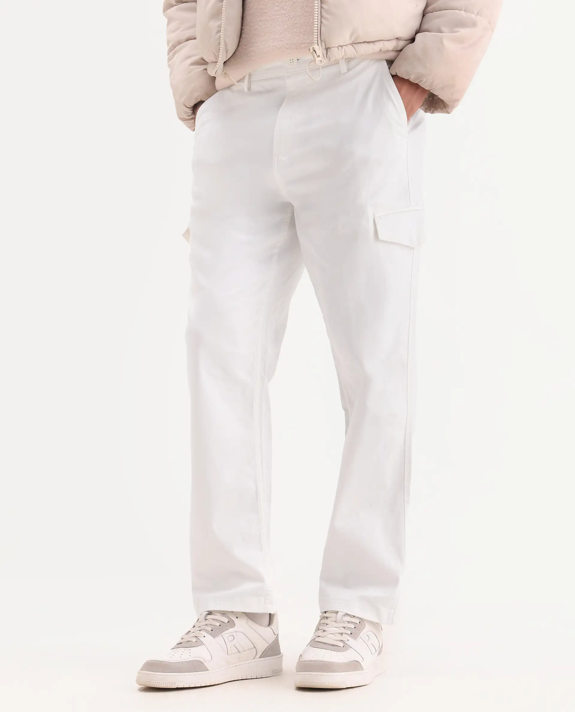 Rare Rabbit Men's Zipo White Cotton Plain Regular Fit Trouser - Image 2