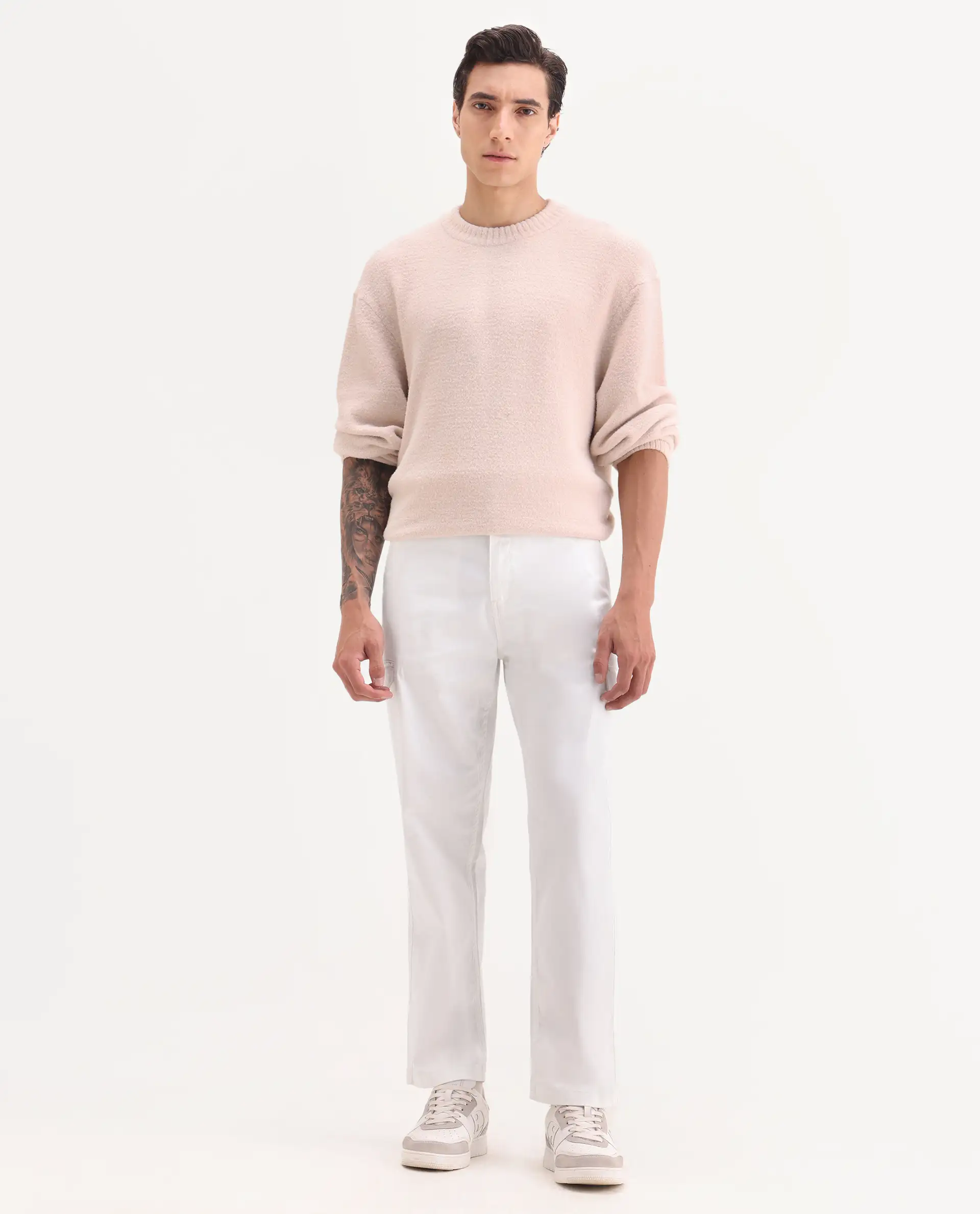 Rare Rabbit Men's Zipo White Cotton Plain Regular Fit Trouser - Image 4