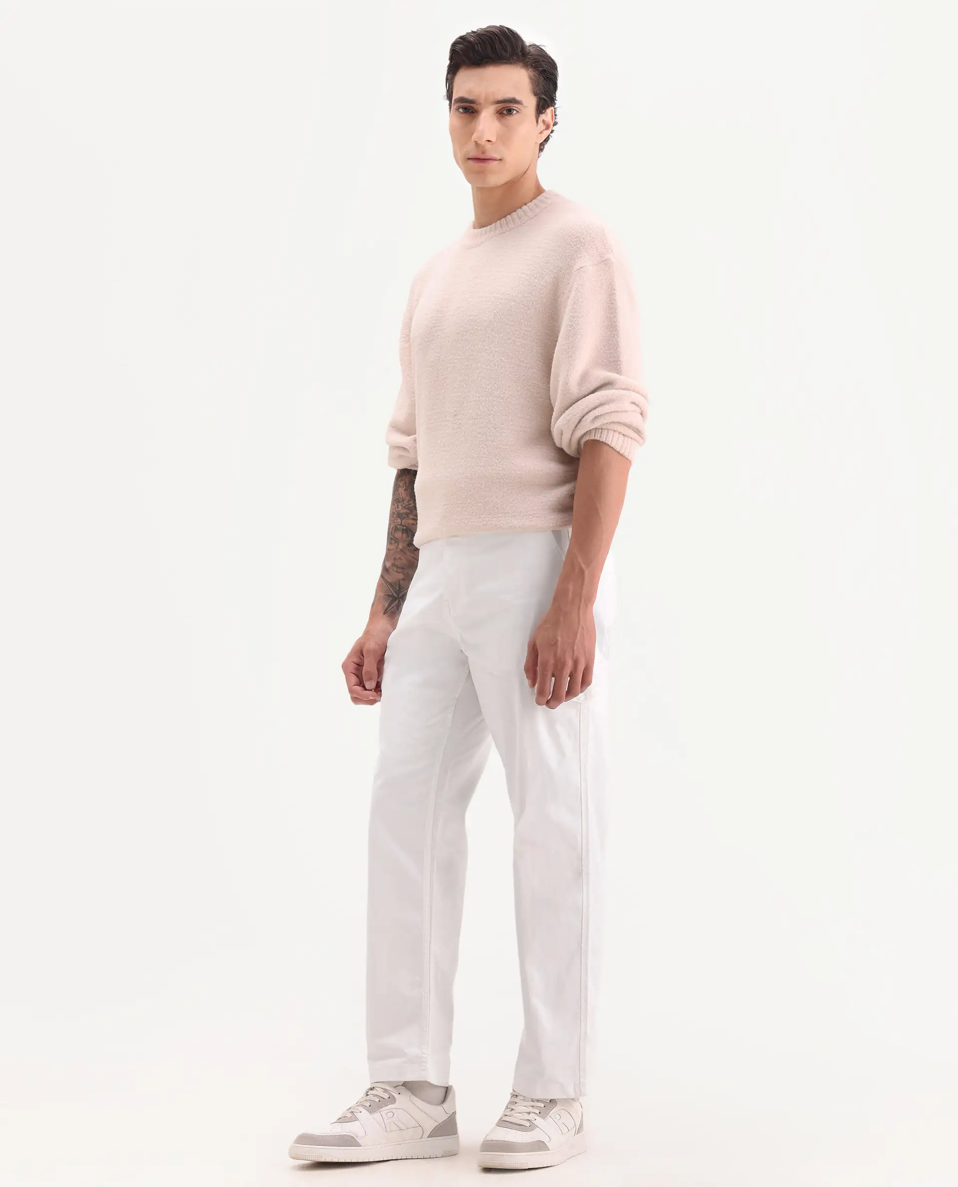 Rare Rabbit Men's Zipo White Cotton Plain Regular Fit Trouser - Image 5