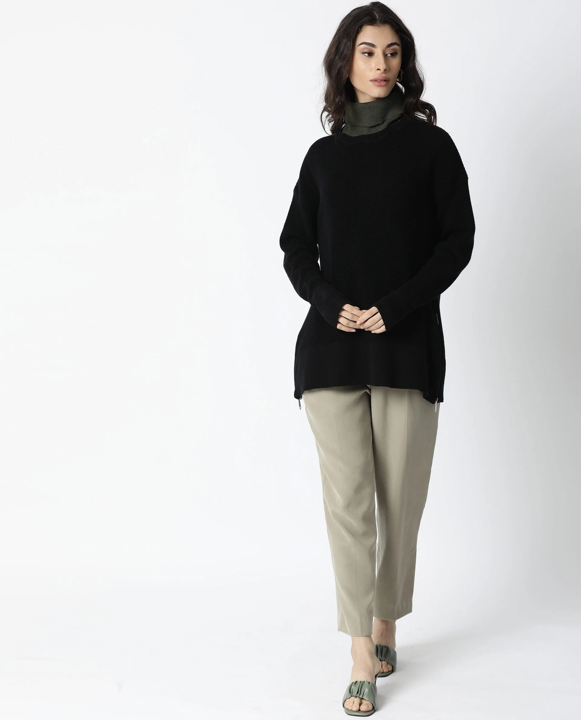 Rareism Women's Zippo Black Cotton Detachable Collar Plain Knee Length Relaxed Fit Sweater - Image 2