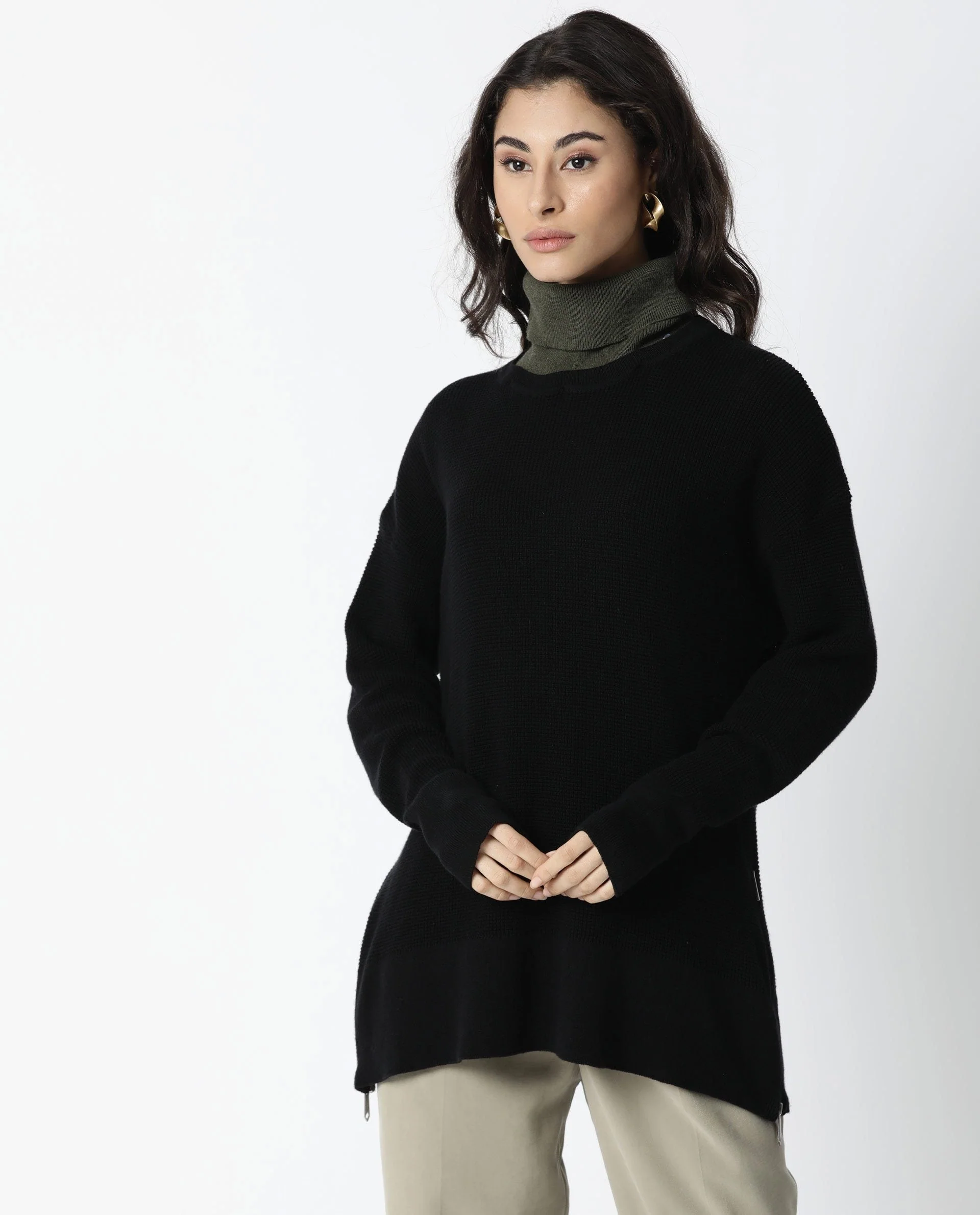 Rareism Women's Zippo Black Cotton Detachable Collar Plain Knee Length Relaxed Fit Sweater - Image 5
