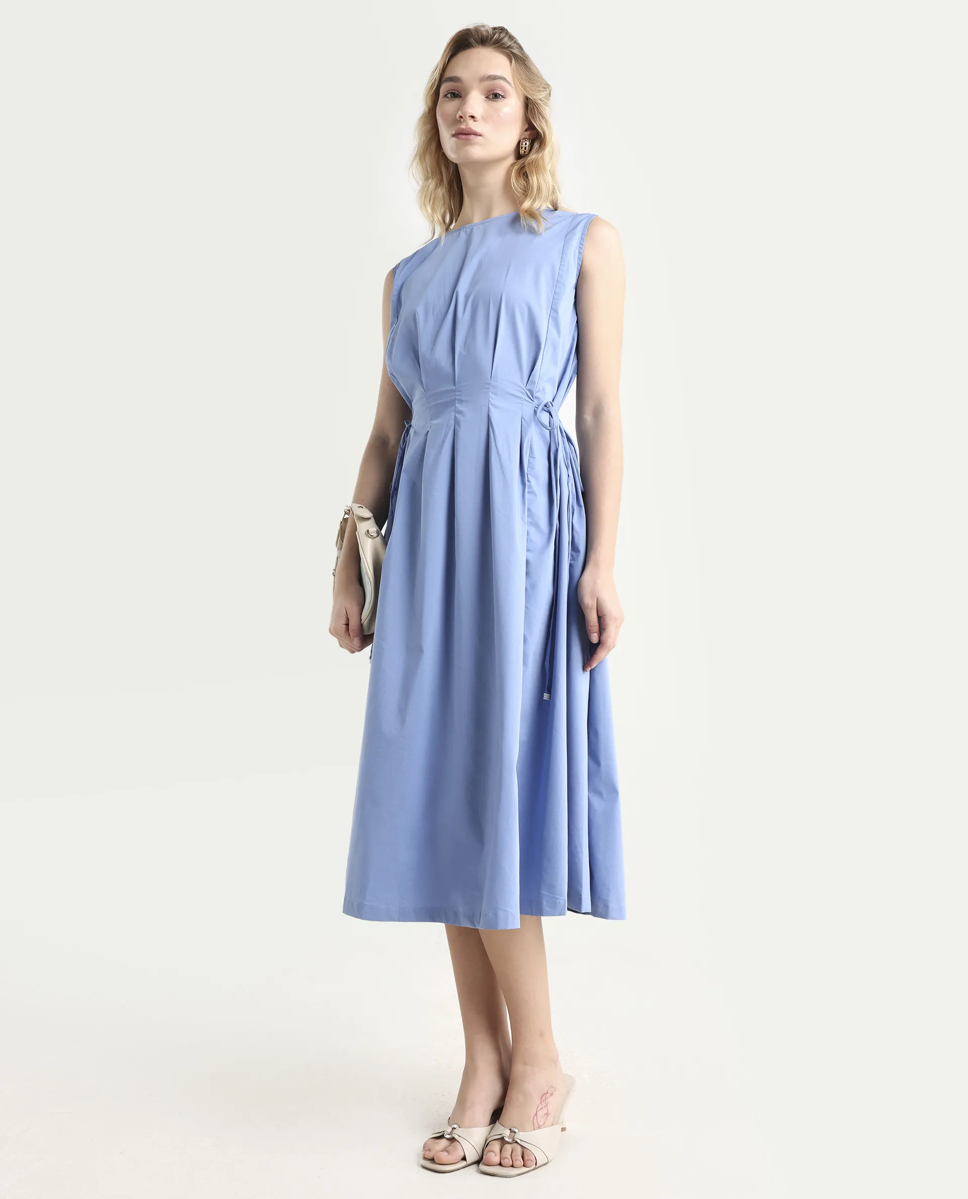 Rareism Women's Zippo Blue Boat Neck Plain Sleeveless Knee Length Regular Fit Dress