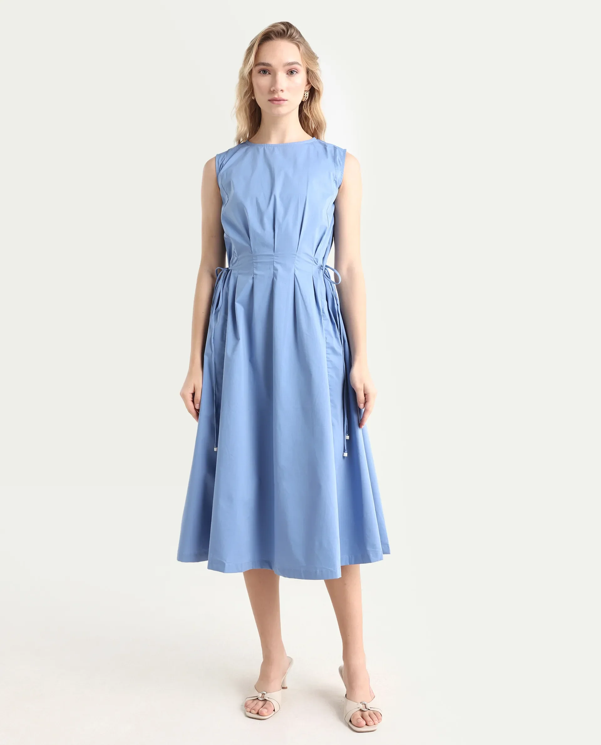 Rareism Women's Zippo Blue Boat Neck Plain Sleeveless Knee Length Regular Fit Dress - Image 2