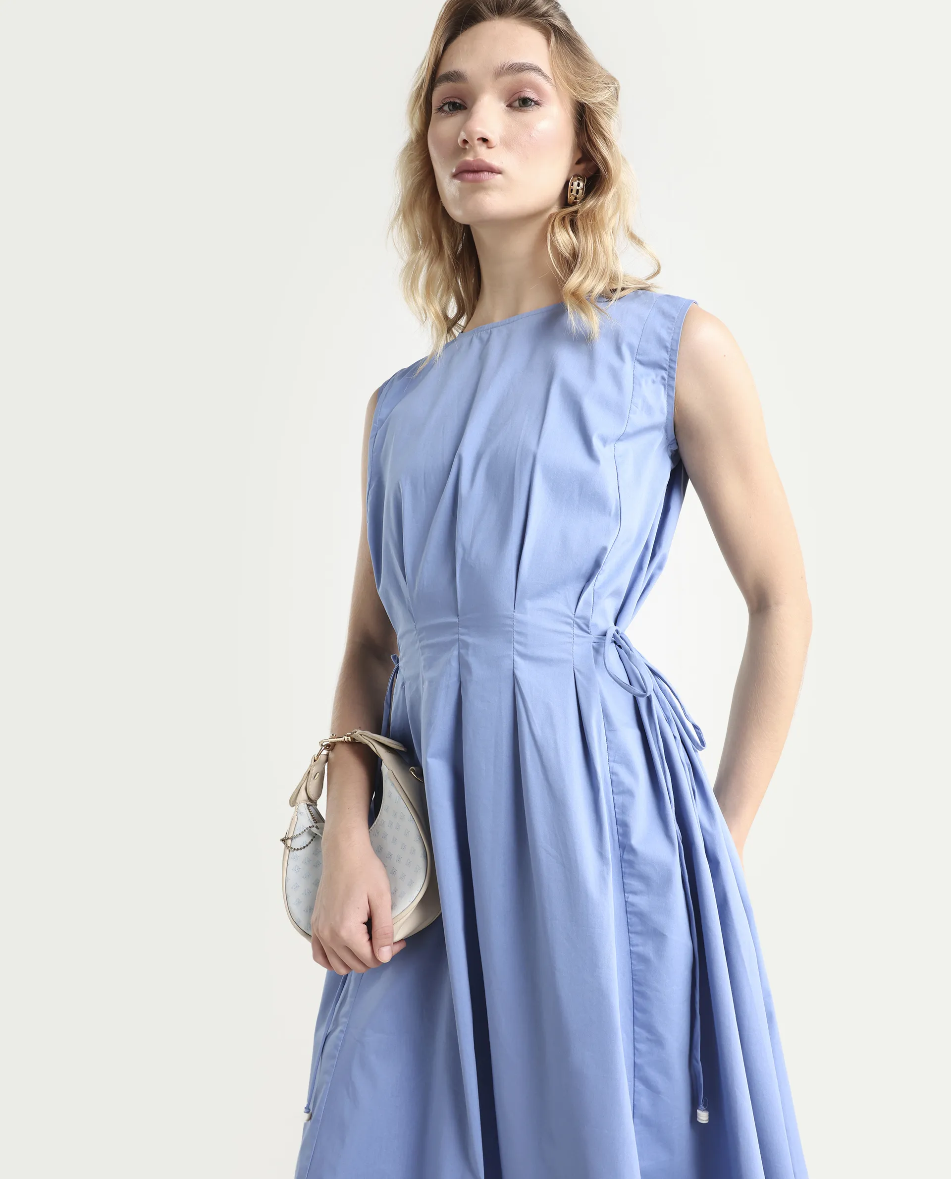 Rareism Women's Zippo Blue Boat Neck Plain Sleeveless Knee Length Regular Fit Dress - Image 3