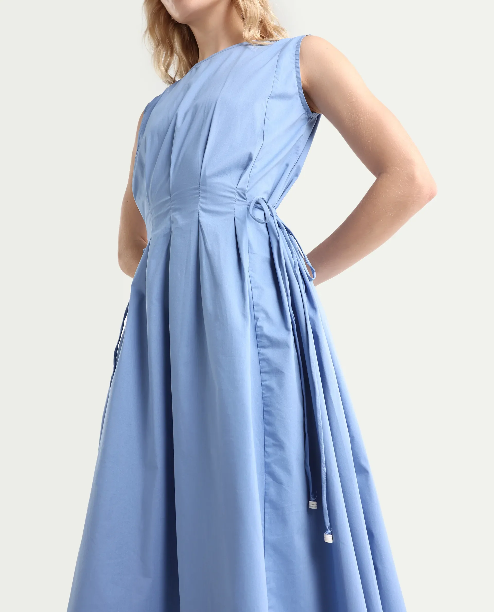 Rareism Women's Zippo Blue Boat Neck Plain Sleeveless Knee Length Regular Fit Dress - Image 4