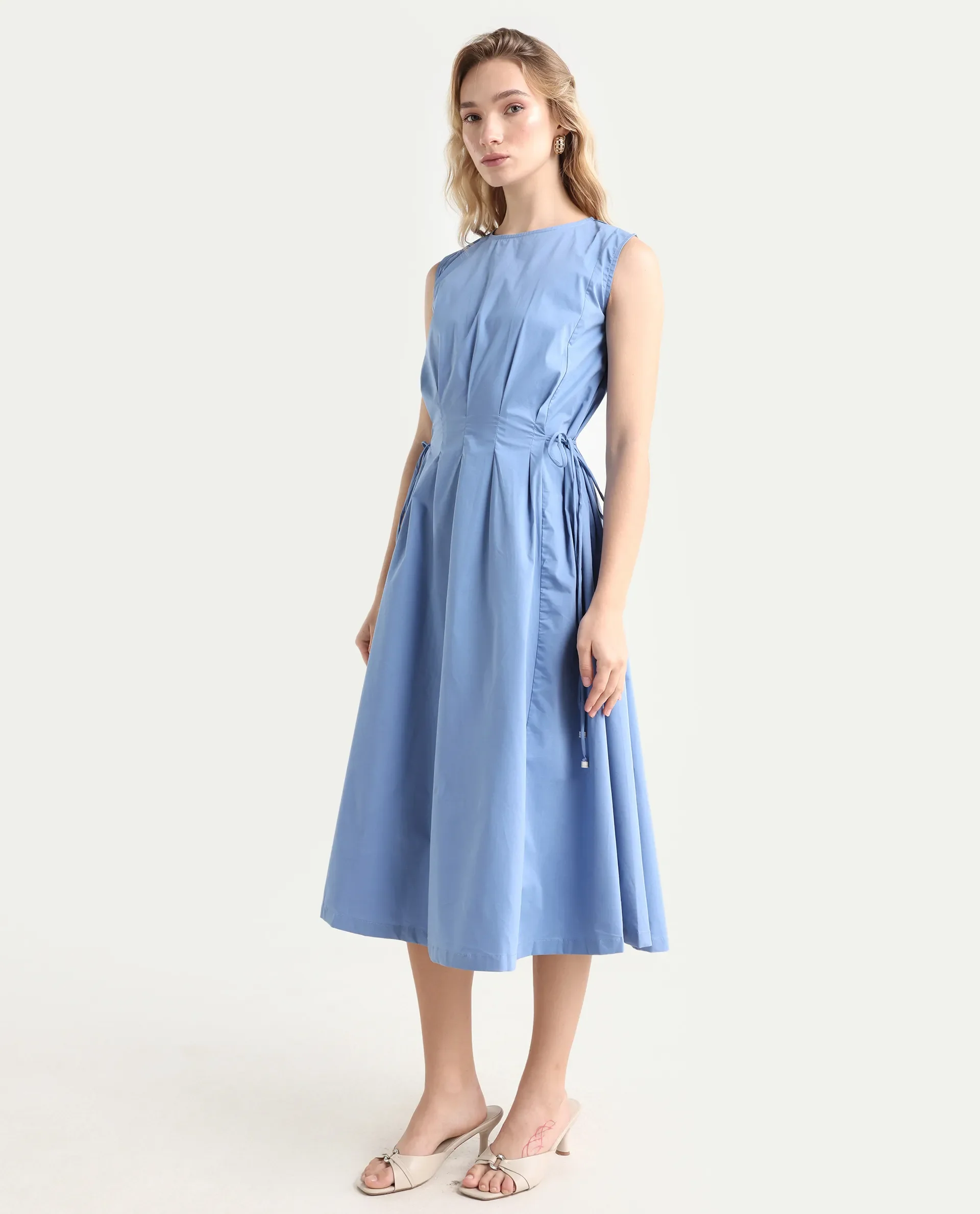 Rareism Women's Zippo Blue Boat Neck Plain Sleeveless Knee Length Regular Fit Dress - Image 5