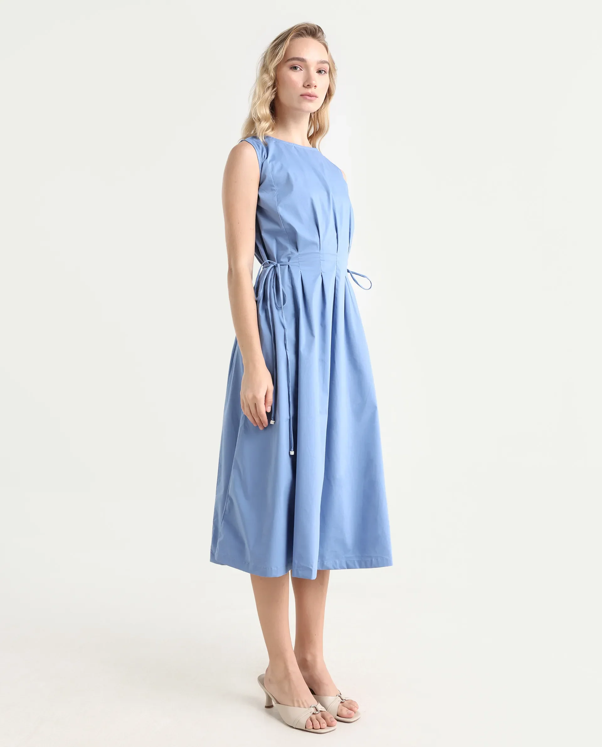Rareism Women's Zippo Blue Boat Neck Plain Sleeveless Knee Length Regular Fit Dress - Image 6