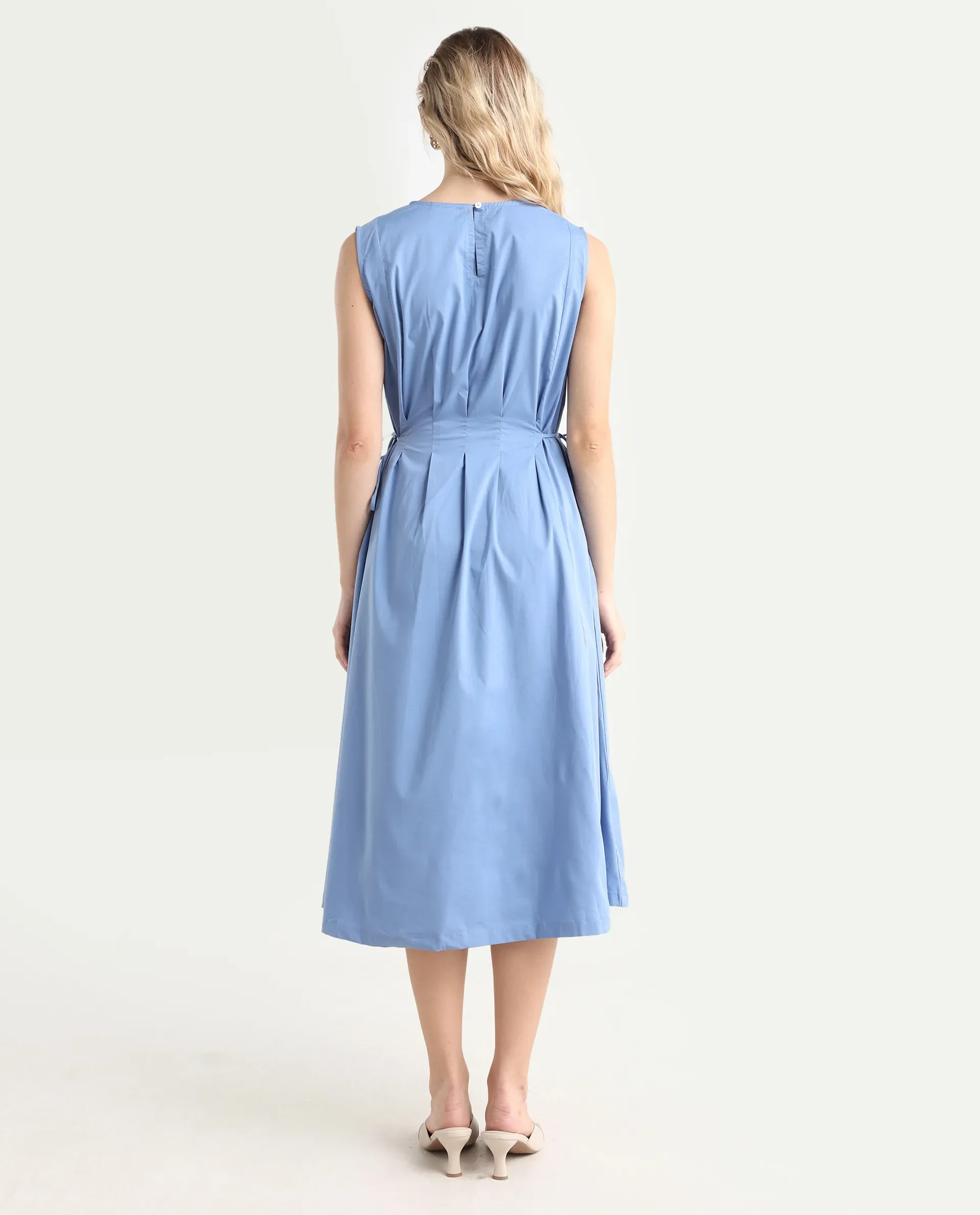 Rareism Women's Zippo Blue Boat Neck Plain Sleeveless Knee Length Regular Fit Dress - Image 7