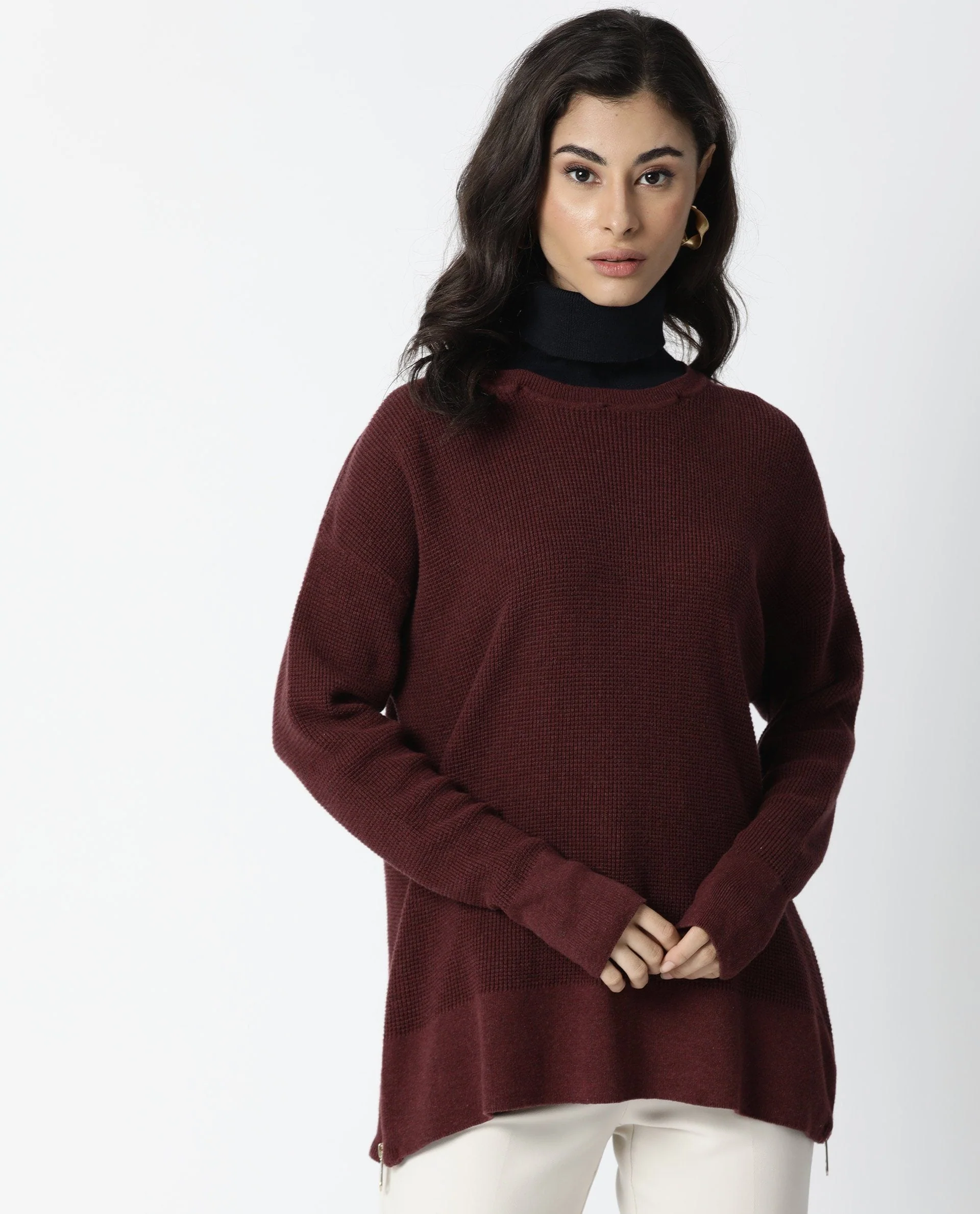 Rareism Women's Zippo Maroon Cotton Detachable Collar Plain Knee Length Relaxed Fit Sweater - Image 2
