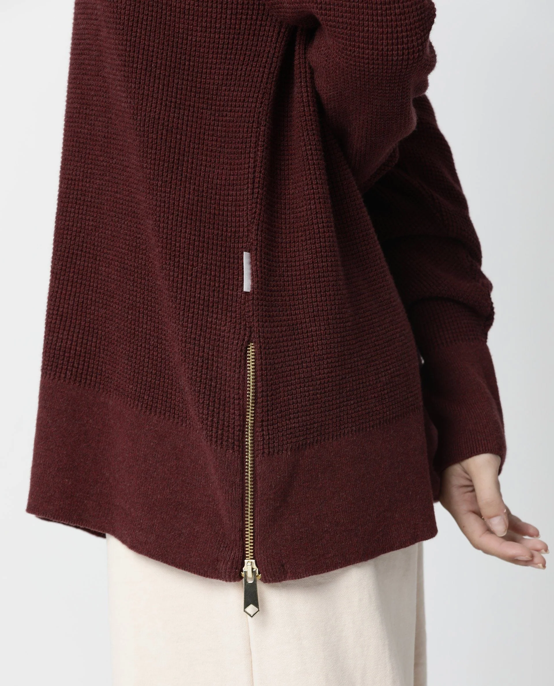 Rareism Women's Zippo Maroon Cotton Detachable Collar Plain Knee Length Relaxed Fit Sweater - Image 5