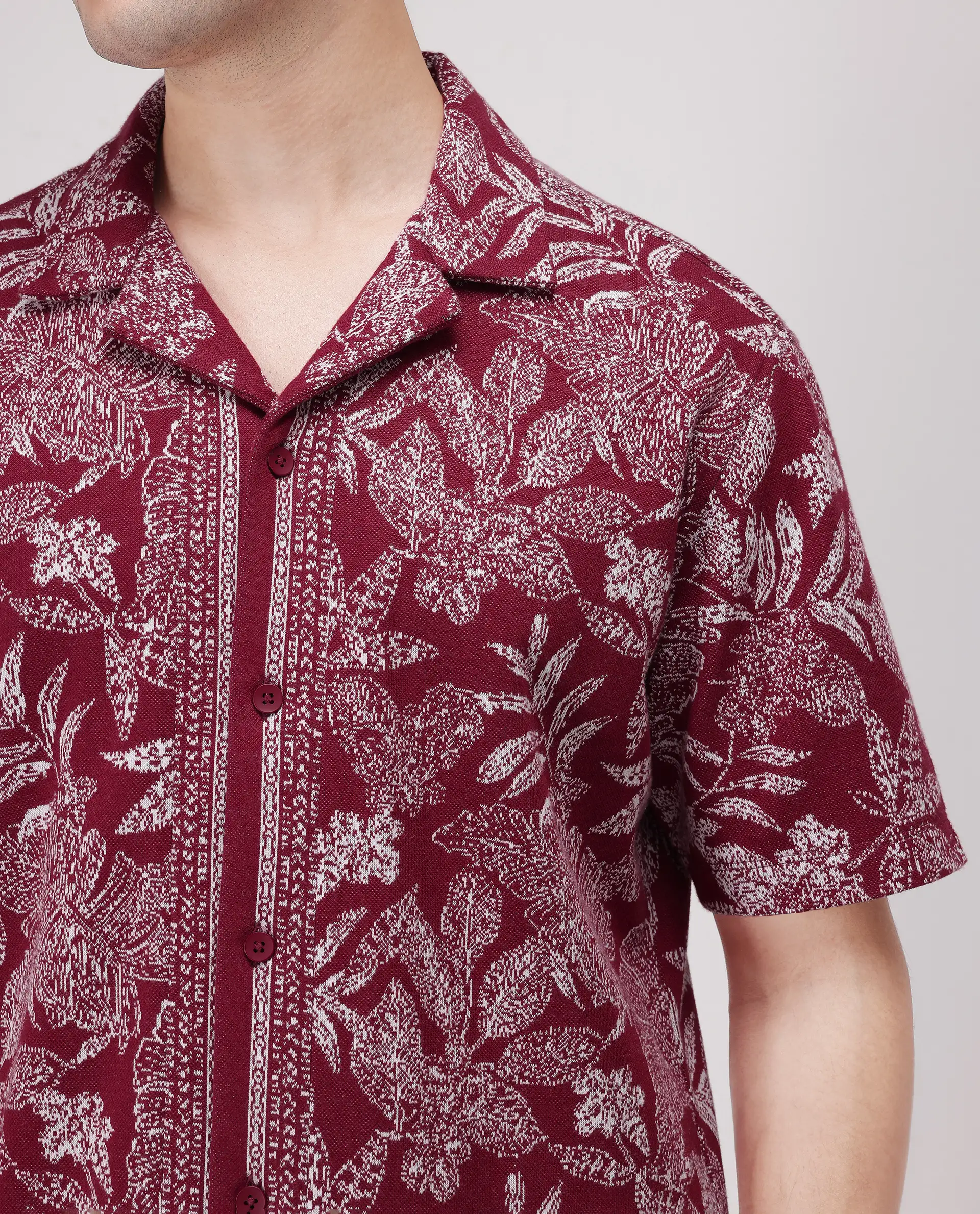 Rare Rabbit Men's Zira Maroon Cotton Floral Print Relaxed Fit Half Sleeve Cuban Collar Shirt - Image 2