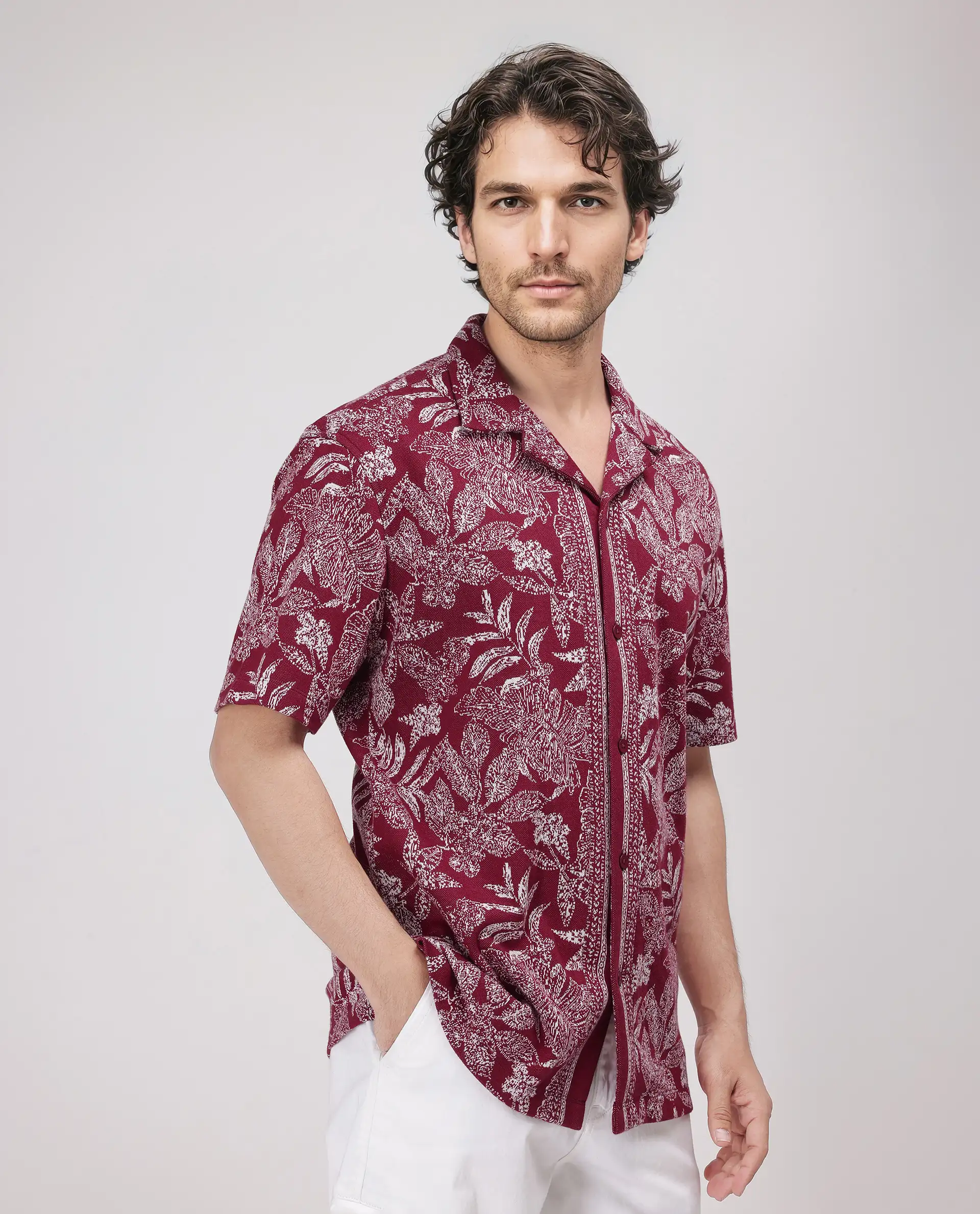 Rare Rabbit Men's Zira Maroon Cotton Floral Print Relaxed Fit Half Sleeve Cuban Collar Shirt - Image 5