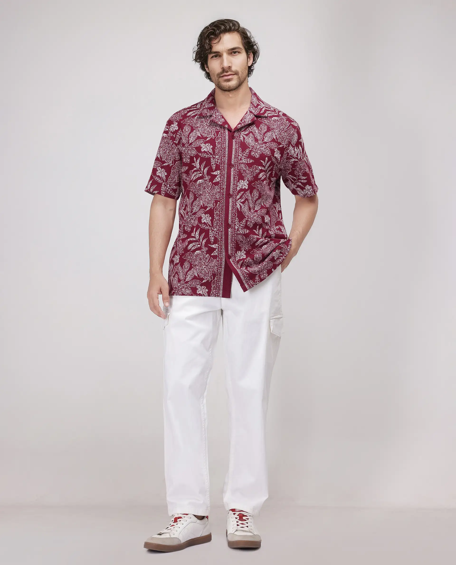 Rare Rabbit Men's Zira Maroon Cotton Floral Print Relaxed Fit Half Sleeve Cuban Collar Shirt - Image 6