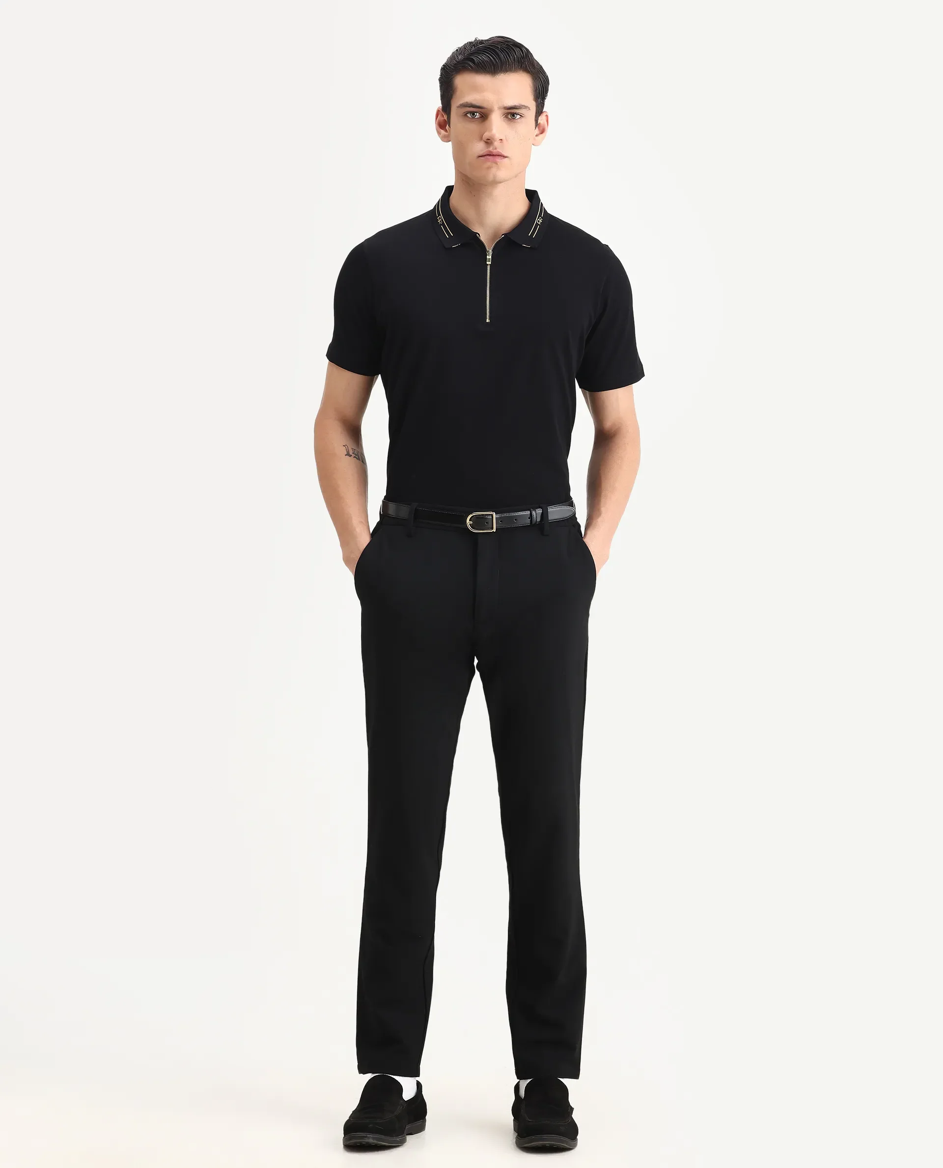 Rare Rabbit Men's Zire-1 Black Cotton Plain Regular Fit Half Sleeve Polo - Image 2