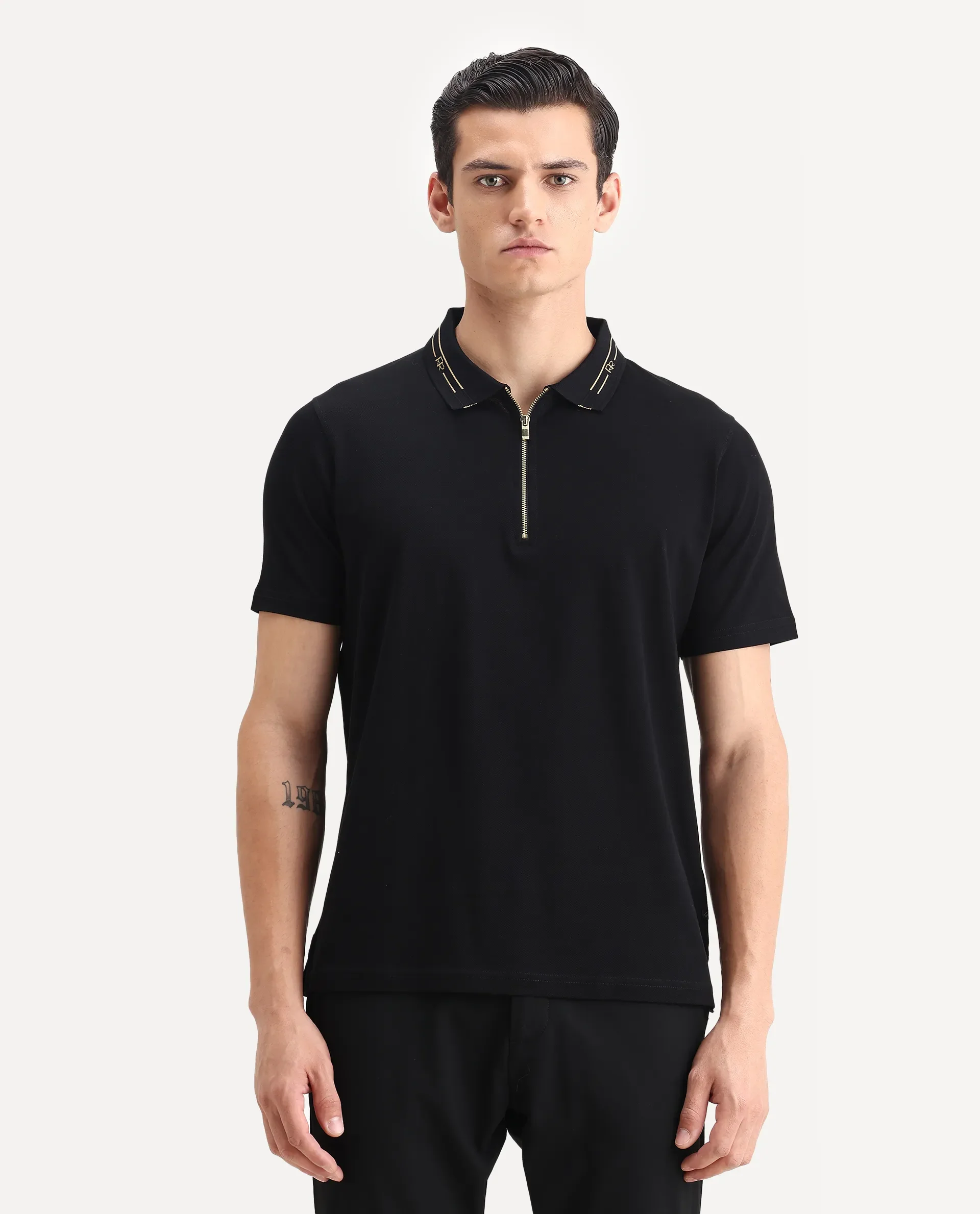 Rare Rabbit Men's Zire-1 Black Cotton Plain Regular Fit Half Sleeve Polo - Image 4