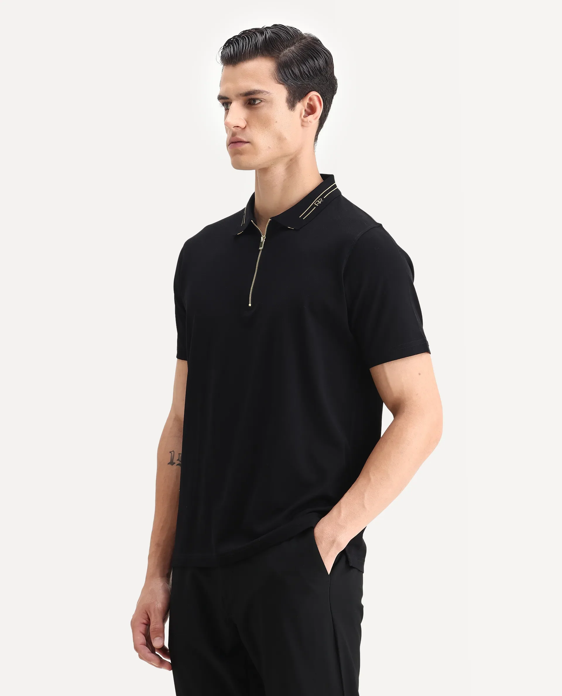 Rare Rabbit Men's Zire-1 Black Cotton Plain Regular Fit Half Sleeve Polo - Image 5