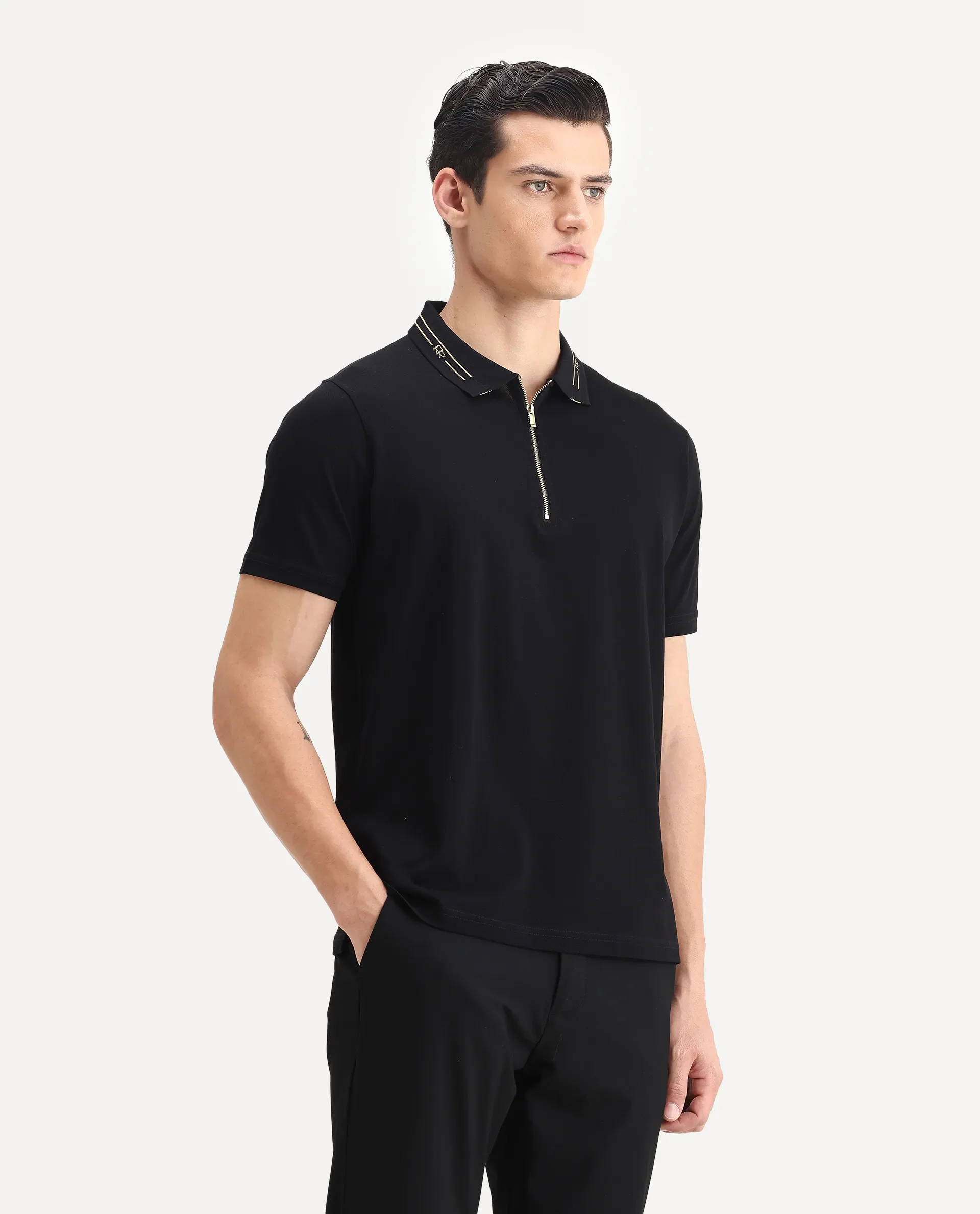 Rare Rabbit Men's Zire-1 Black Cotton Plain Regular Fit Half Sleeve Polo - Image 6