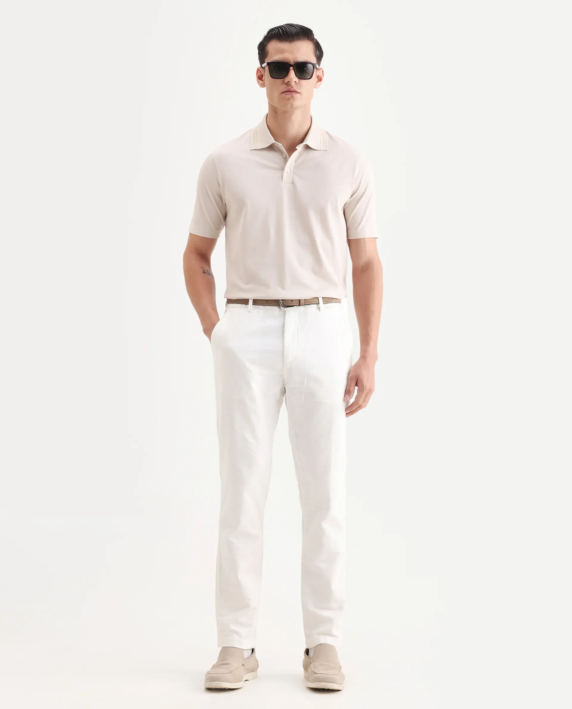 Rare Rabbit Men's Zire-25 Beige Cotton Plain Regular Fit Half Sleeve Polo - Image 2