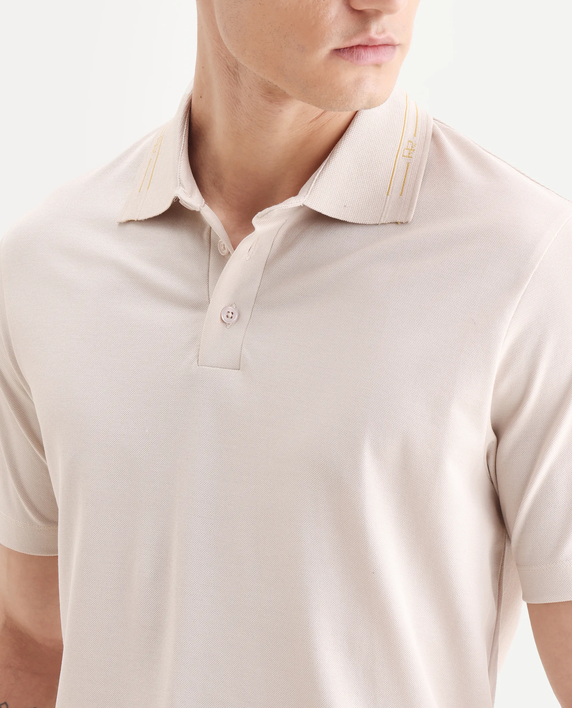 Rare Rabbit Men's Zire-25 Beige Cotton Plain Regular Fit Half Sleeve Polo - Image 3