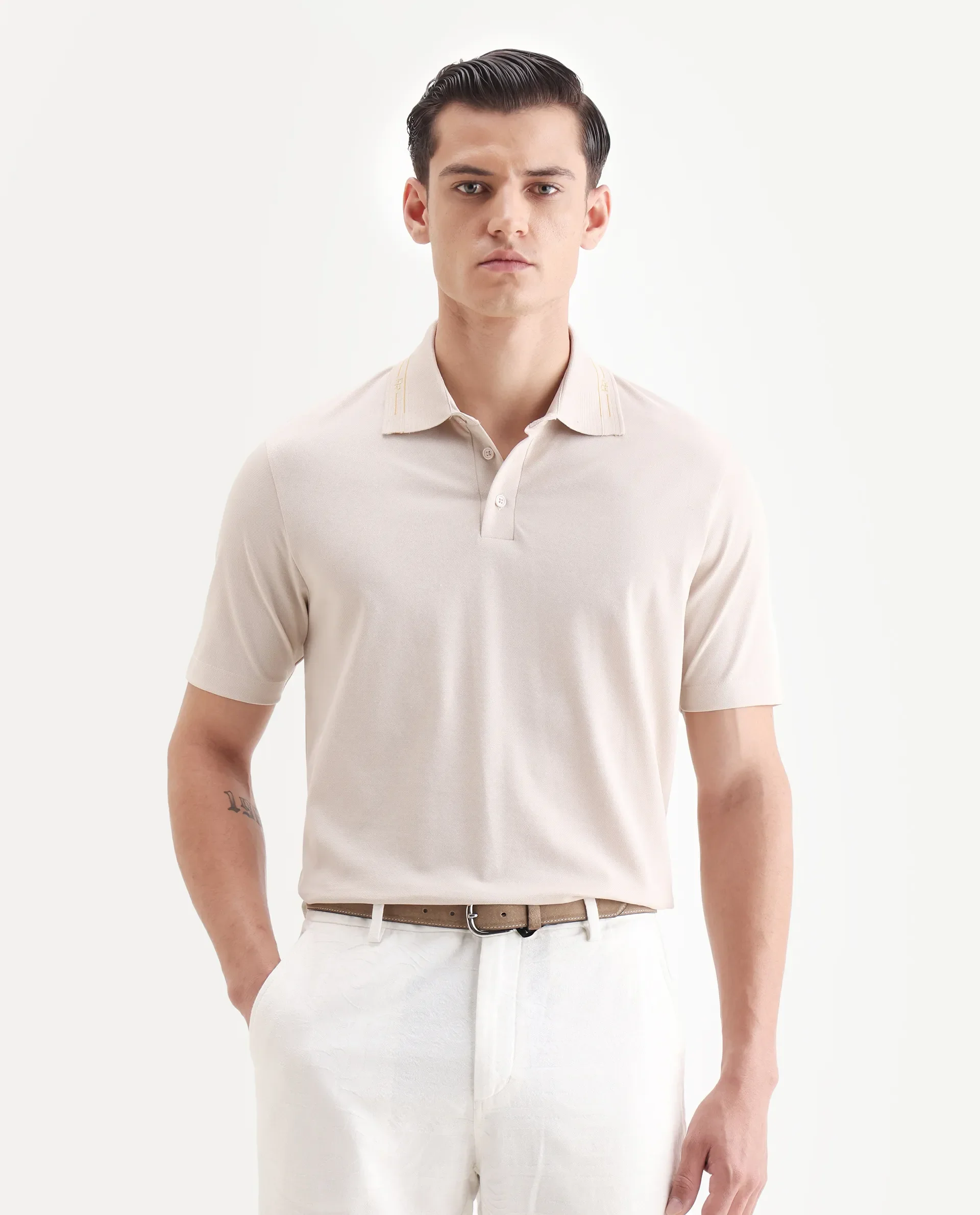 Rare Rabbit Men's Zire-25 Beige Cotton Plain Regular Fit Half Sleeve Polo - Image 4