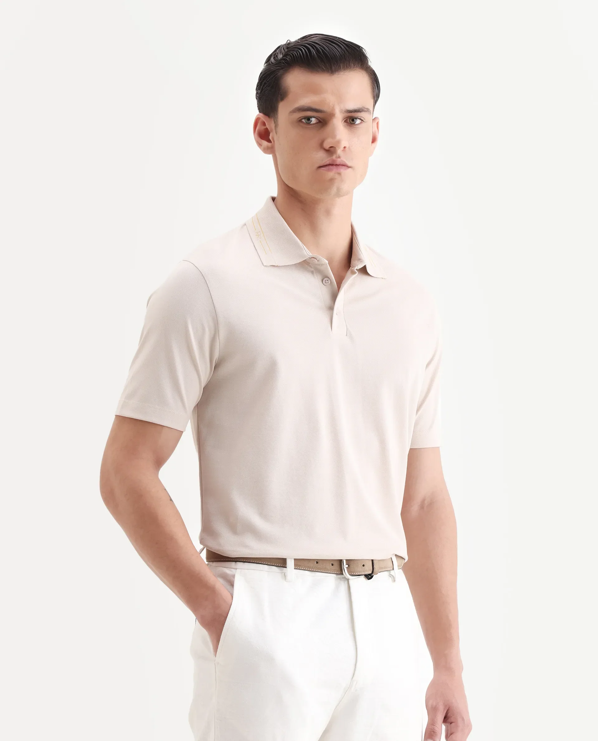 Rare Rabbit Men's Zire-25 Beige Cotton Plain Regular Fit Half Sleeve Polo - Image 5