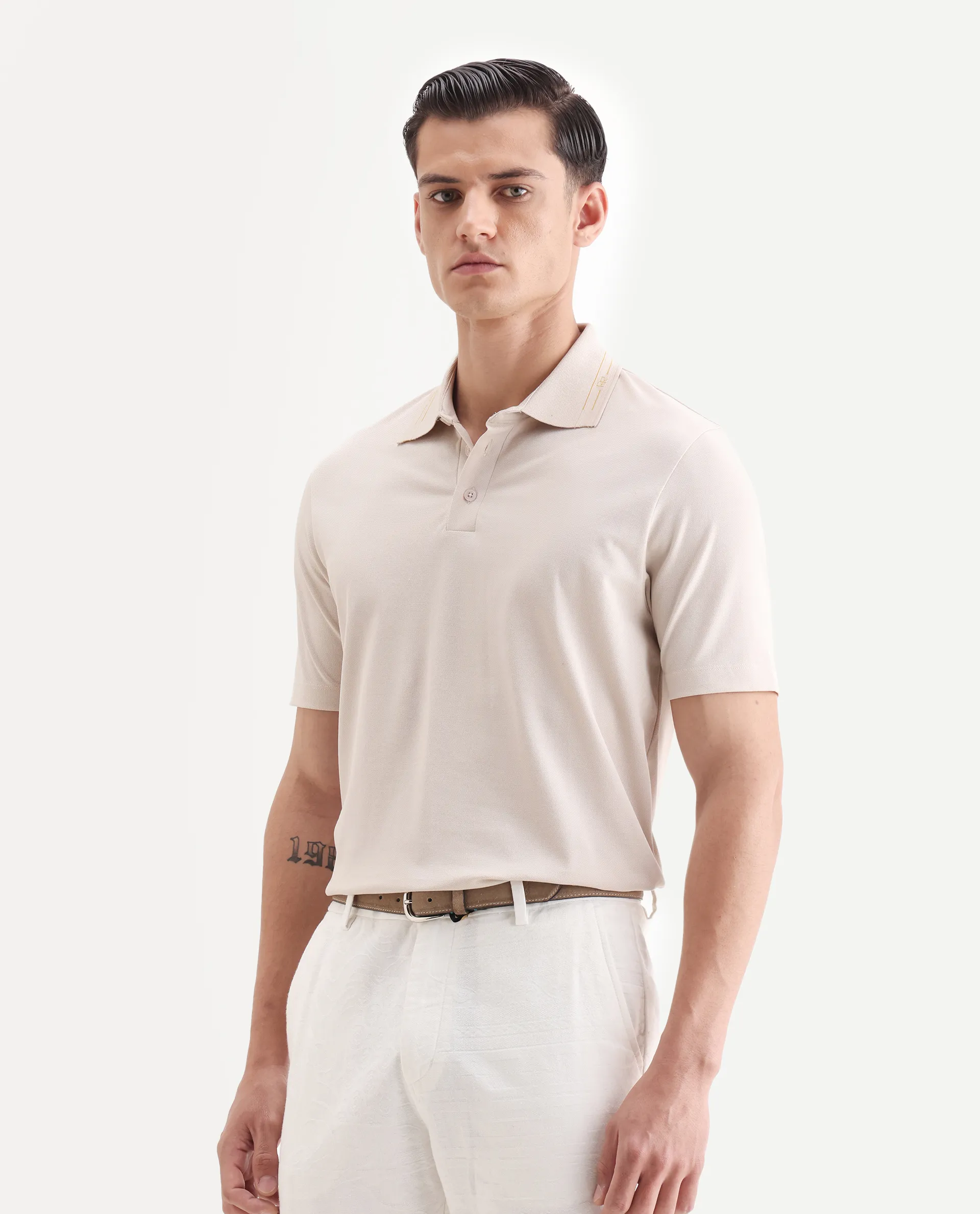 Rare Rabbit Men's Zire-25 Beige Cotton Plain Regular Fit Half Sleeve Polo - Image 6