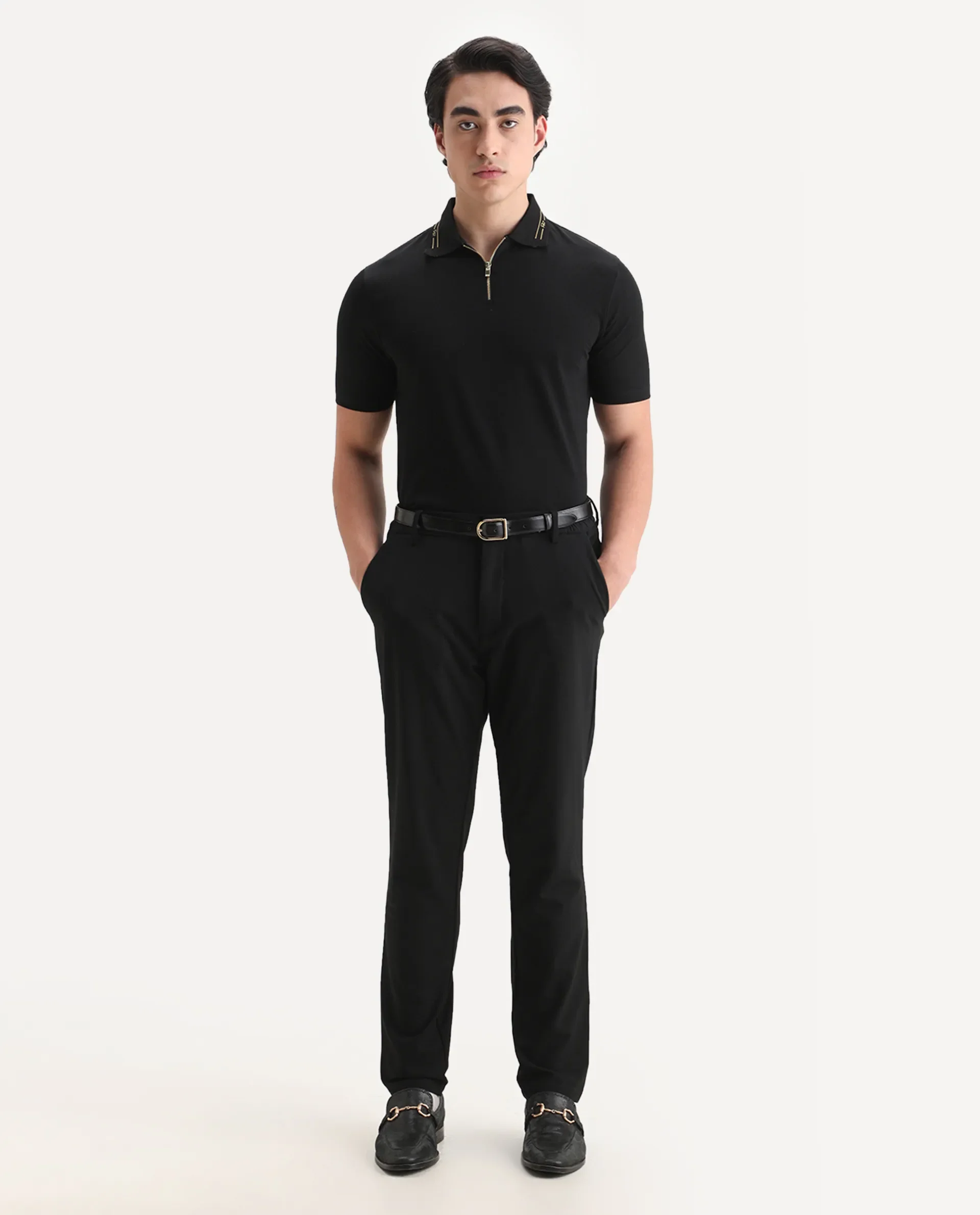 Rare Rabbit Men's Zire-25 Black Cotton Plain Regular Fit Half Sleeve Polo - Image 2
