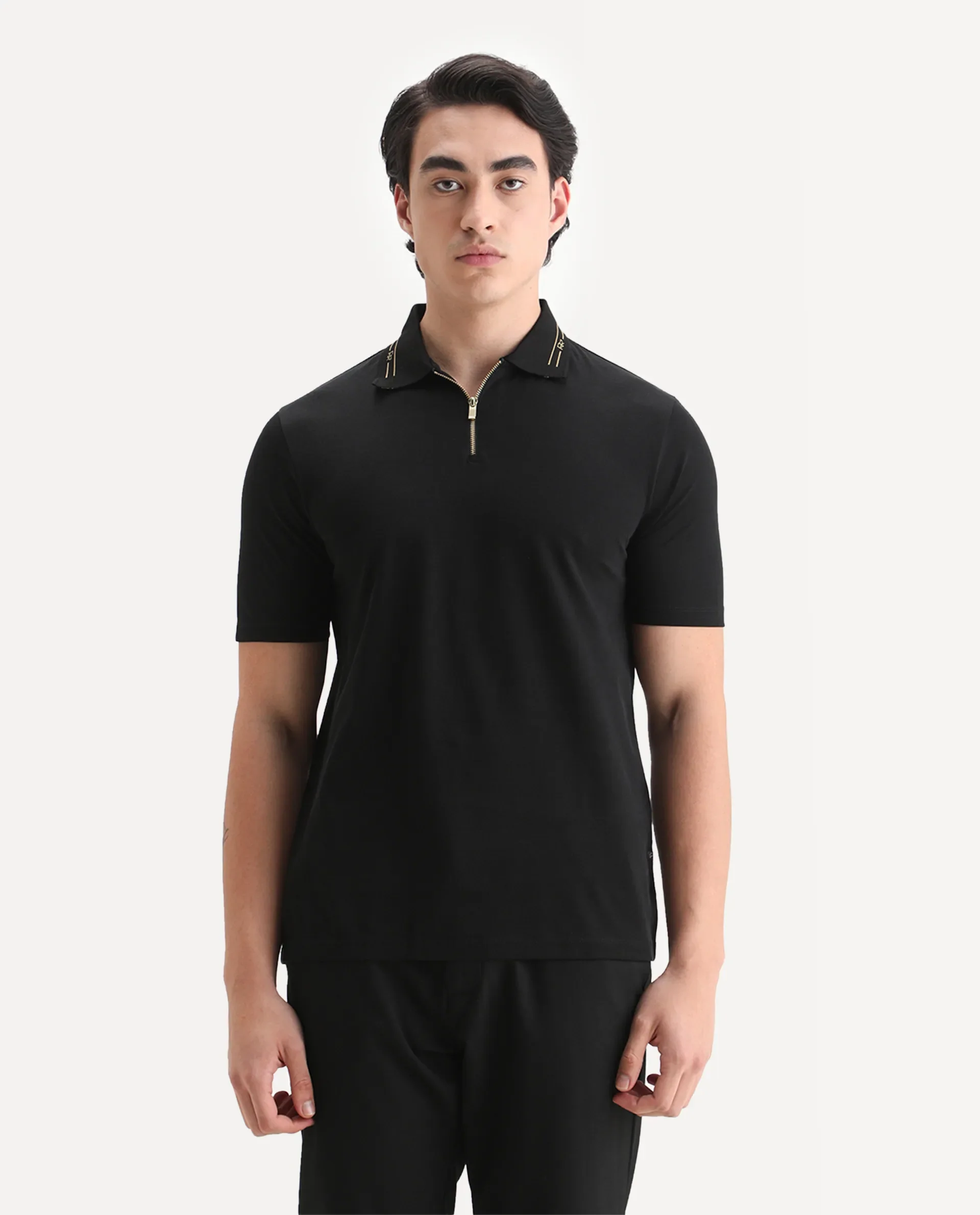 Rare Rabbit Men's Zire-25 Black Cotton Plain Regular Fit Half Sleeve Polo - Image 4