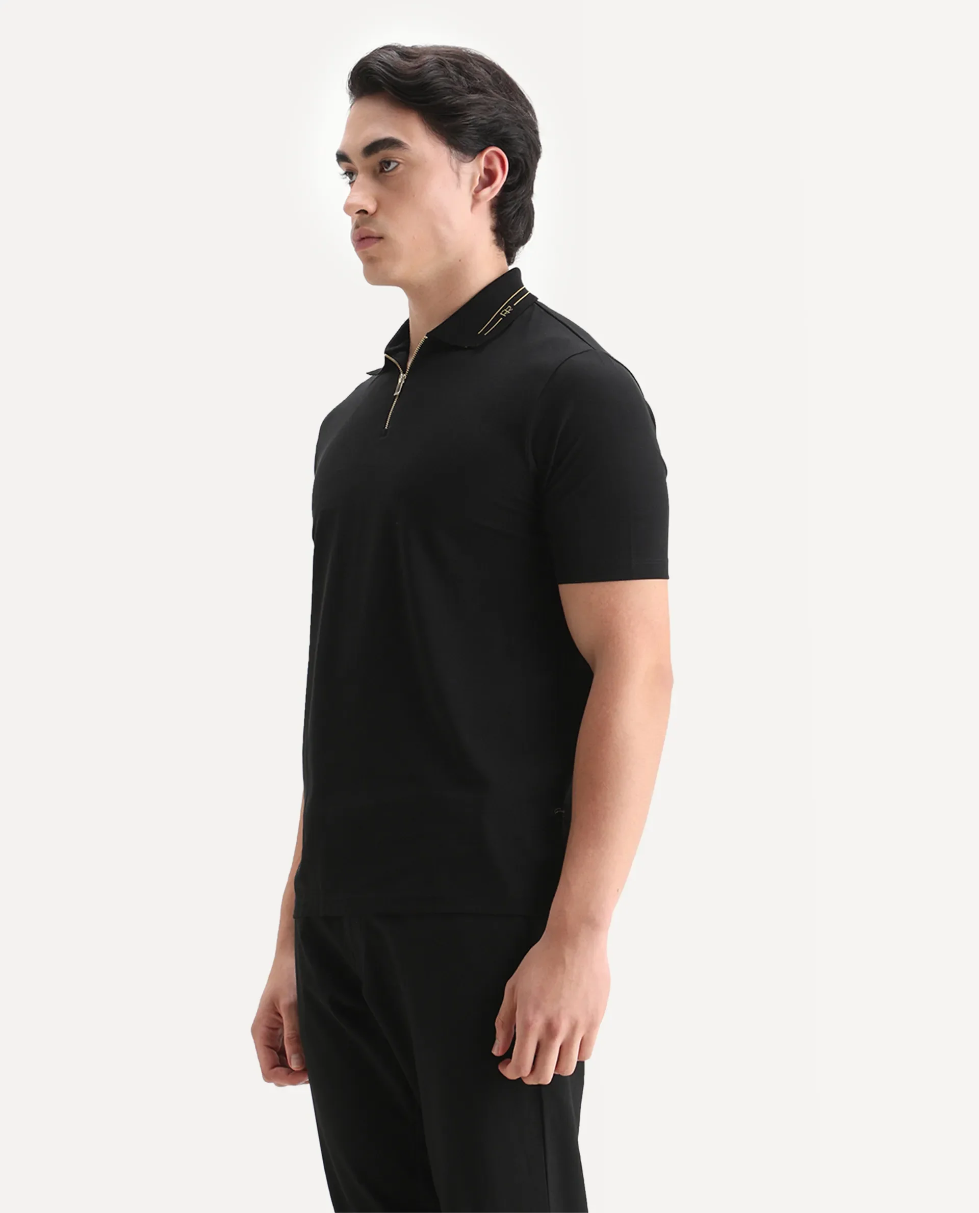 Rare Rabbit Men's Zire-25 Black Cotton Plain Regular Fit Half Sleeve Polo - Image 5