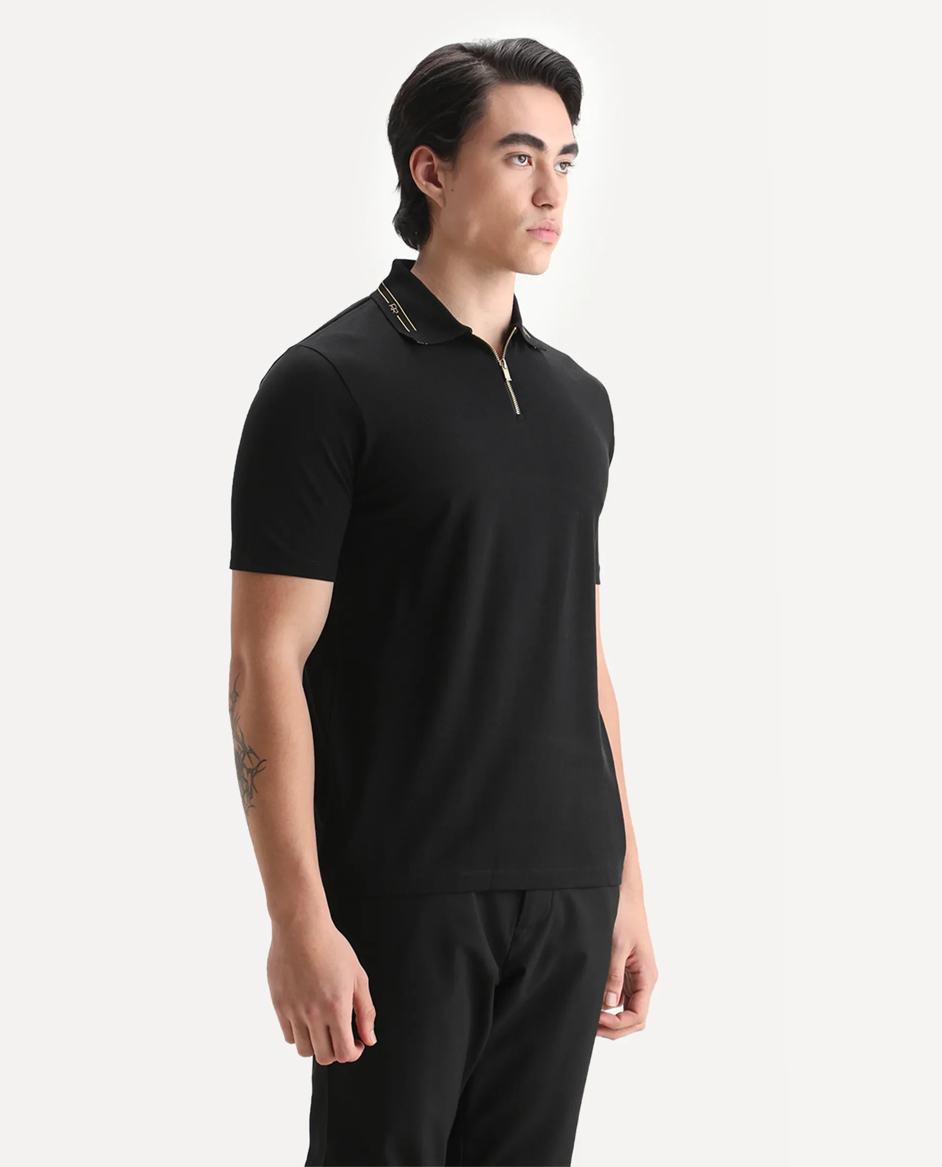 Rare Rabbit Men's Zire-25 Black Cotton Plain Regular Fit Half Sleeve Polo - Image 6