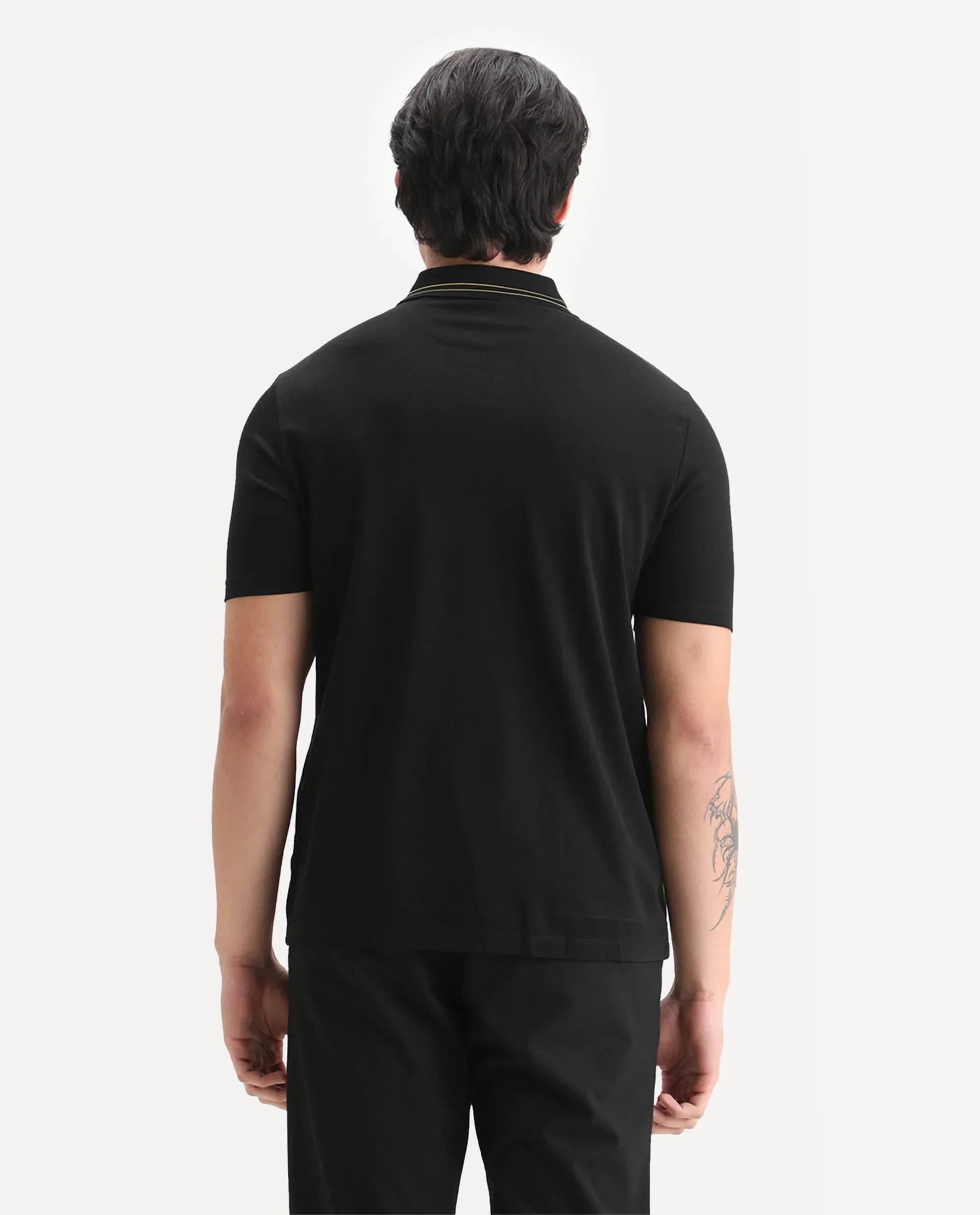 Rare Rabbit Men's Zire-25 Black Cotton Plain Regular Fit Half Sleeve Polo - Image 7