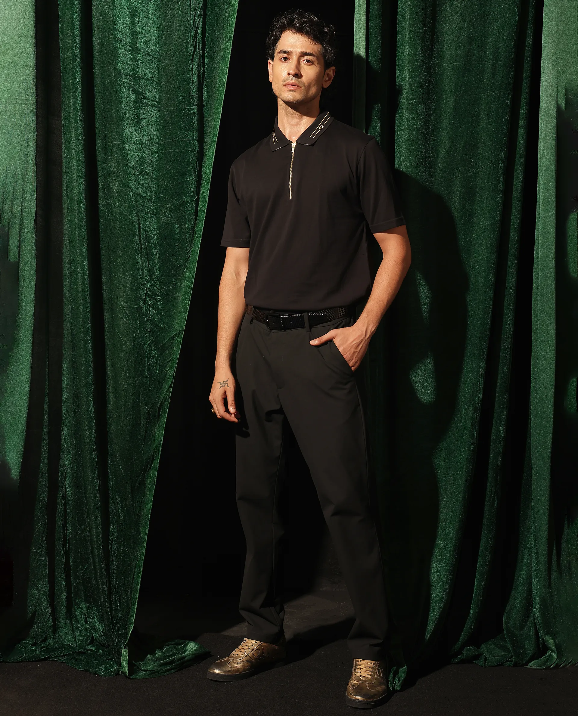 Rare Rabbit Men's Zire Black Cotton Plain Regular Fit Half Sleeve Polo - Image 4