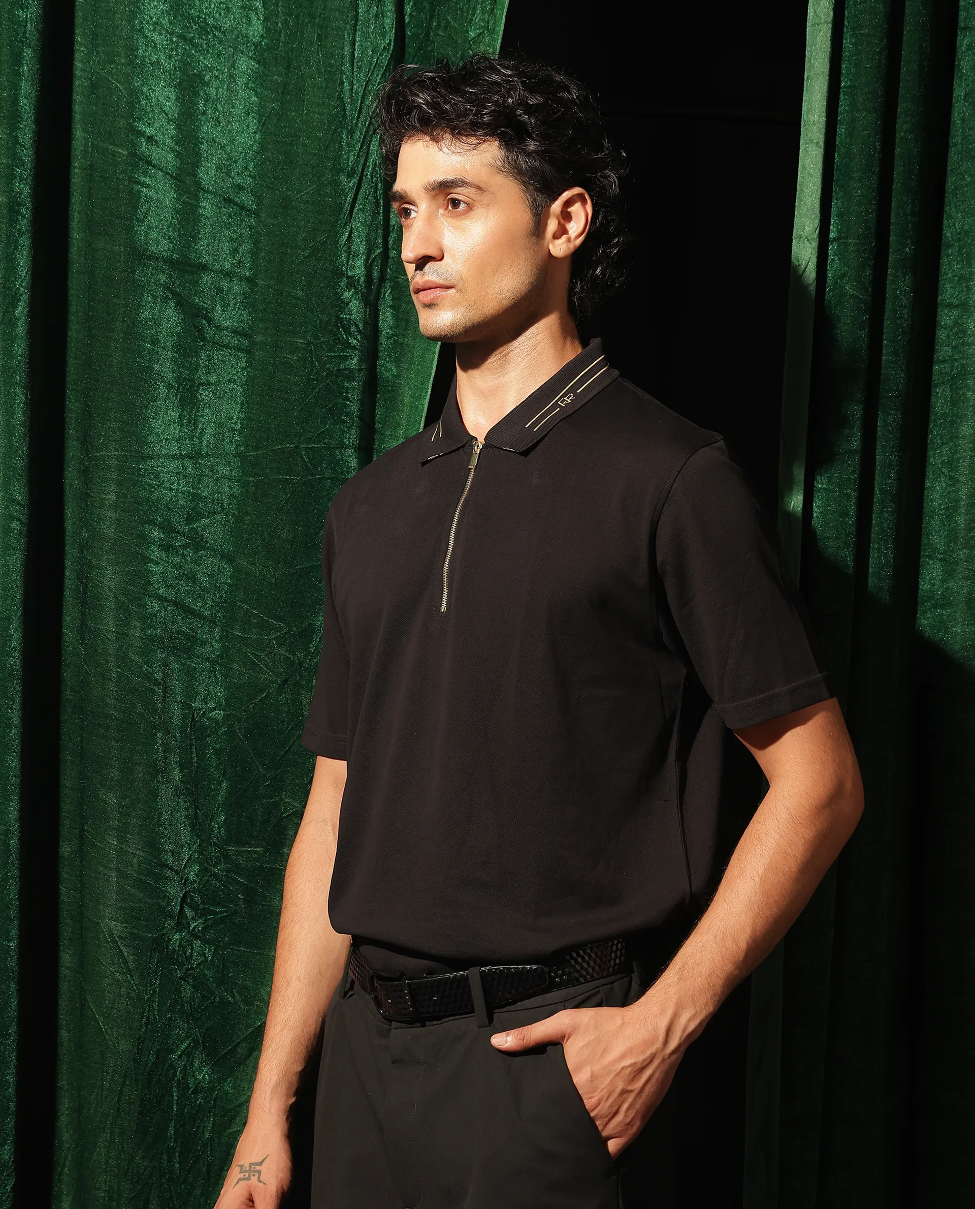 Rare Rabbit Men's Zire Black Cotton Plain Regular Fit Half Sleeve Polo - Image 5