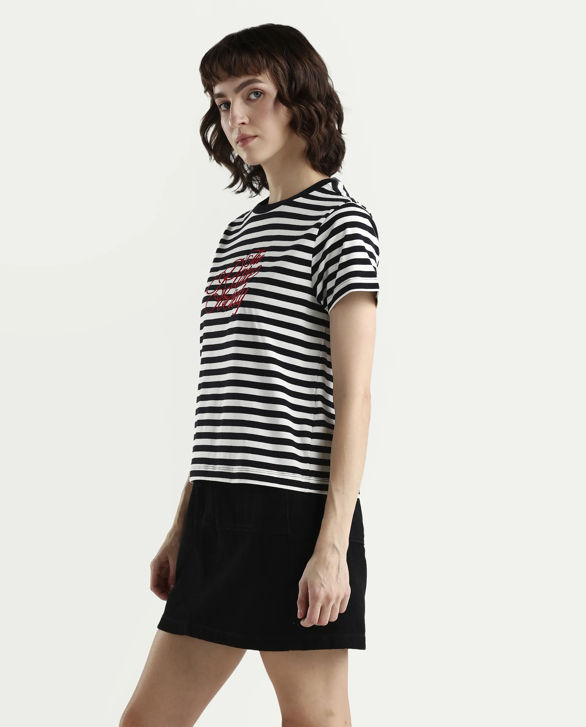 Rareism Women's Zire Black Cotton Blend Half Sleeve Regular Fit Typography Print T-Shirt - Image 4