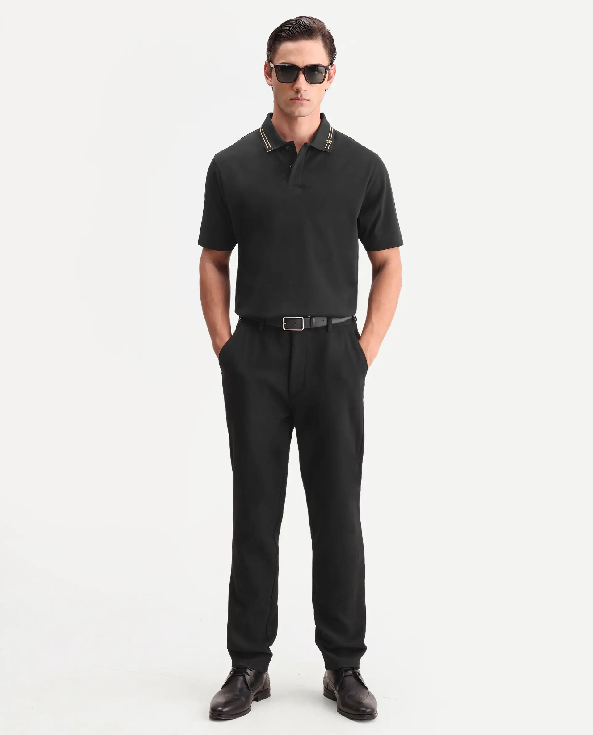 Rare Rabbit Men's Zirn Black Cotton Fabric Half Sleeve Spread Collar Regular Fit Plain Polo - Image 2