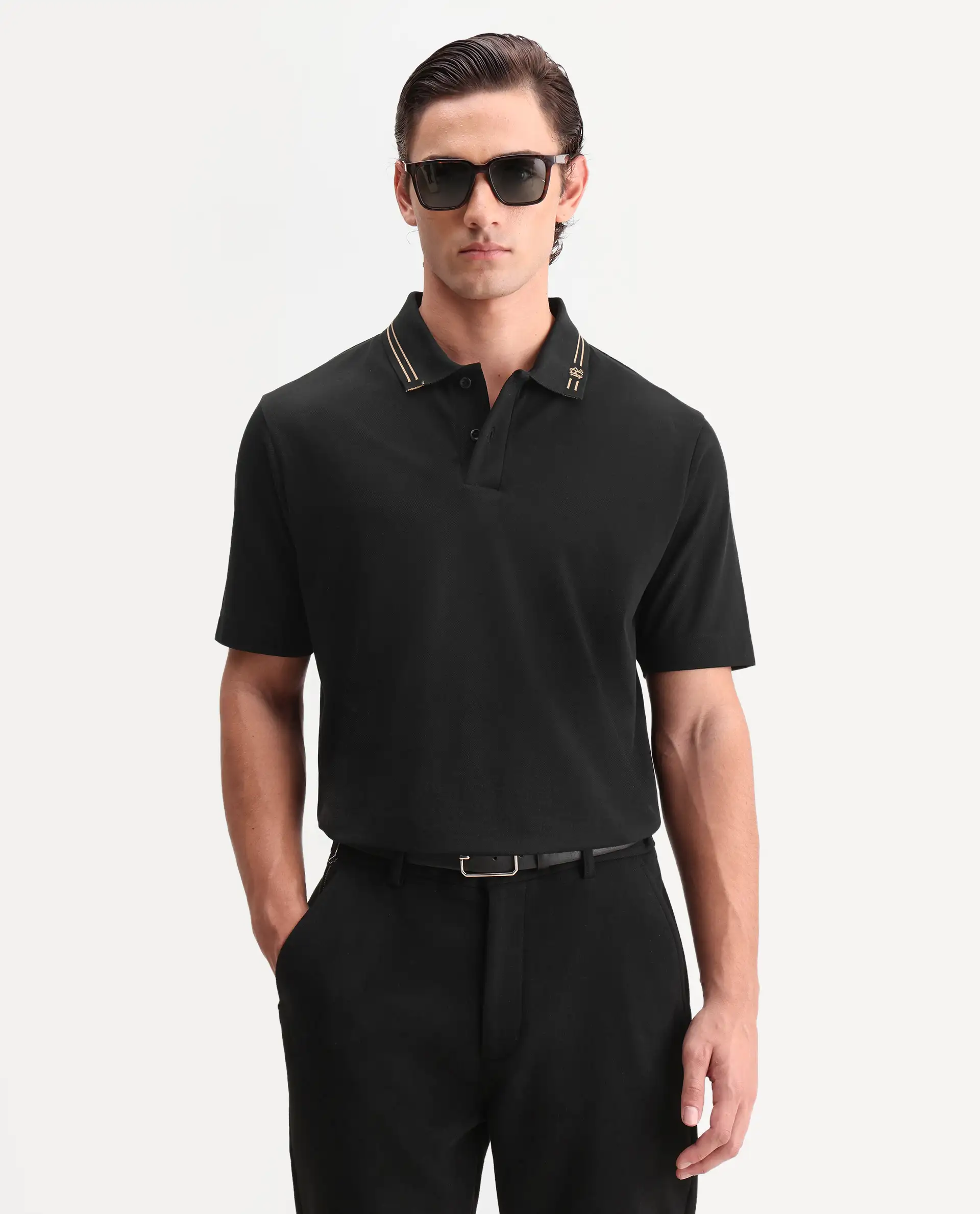Rare Rabbit Men's Zirn Black Cotton Fabric Half Sleeve Spread Collar Regular Fit Plain Polo - Image 3