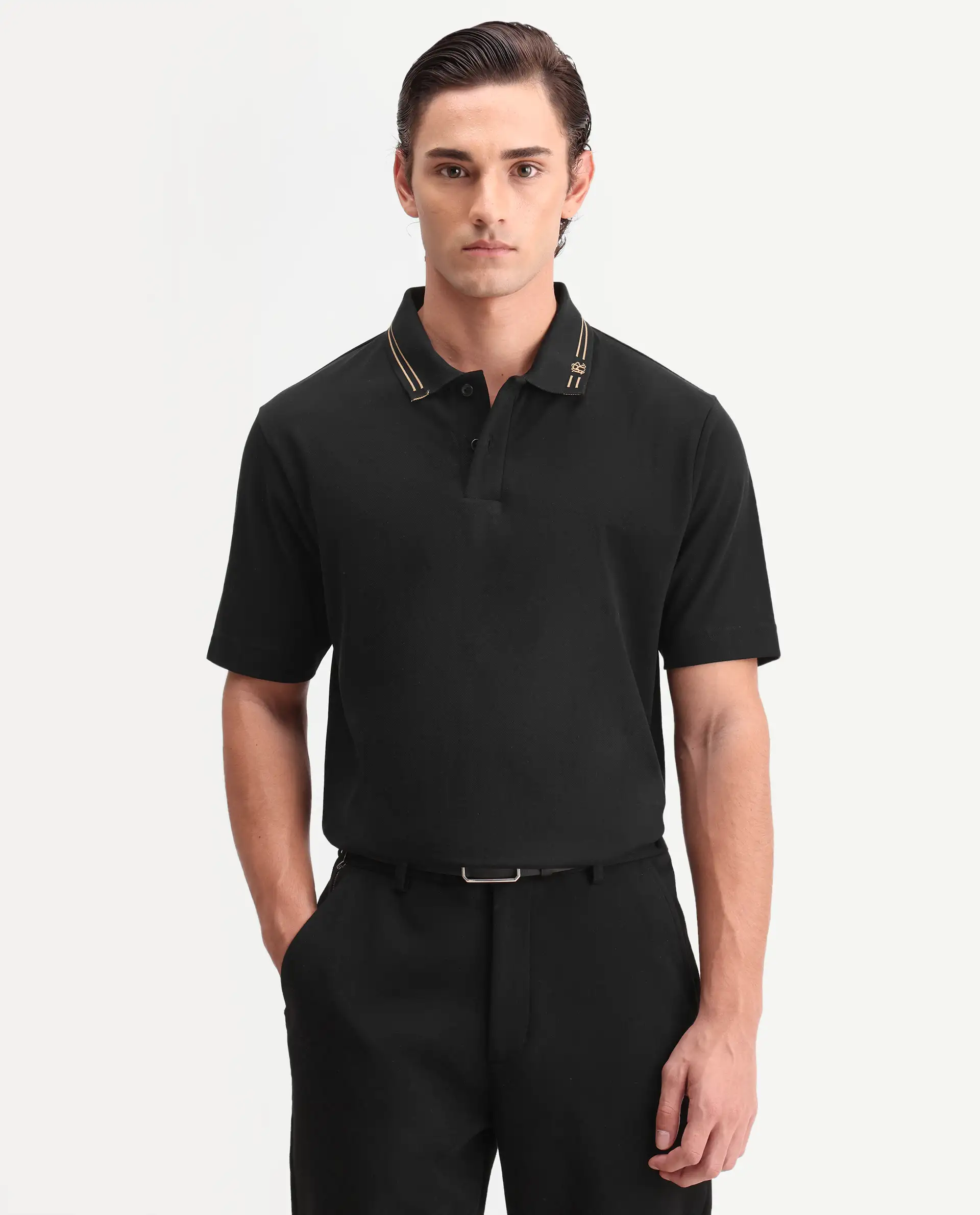 Rare Rabbit Men's Zirn Black Cotton Fabric Half Sleeve Spread Collar Regular Fit Plain Polo - Image 4