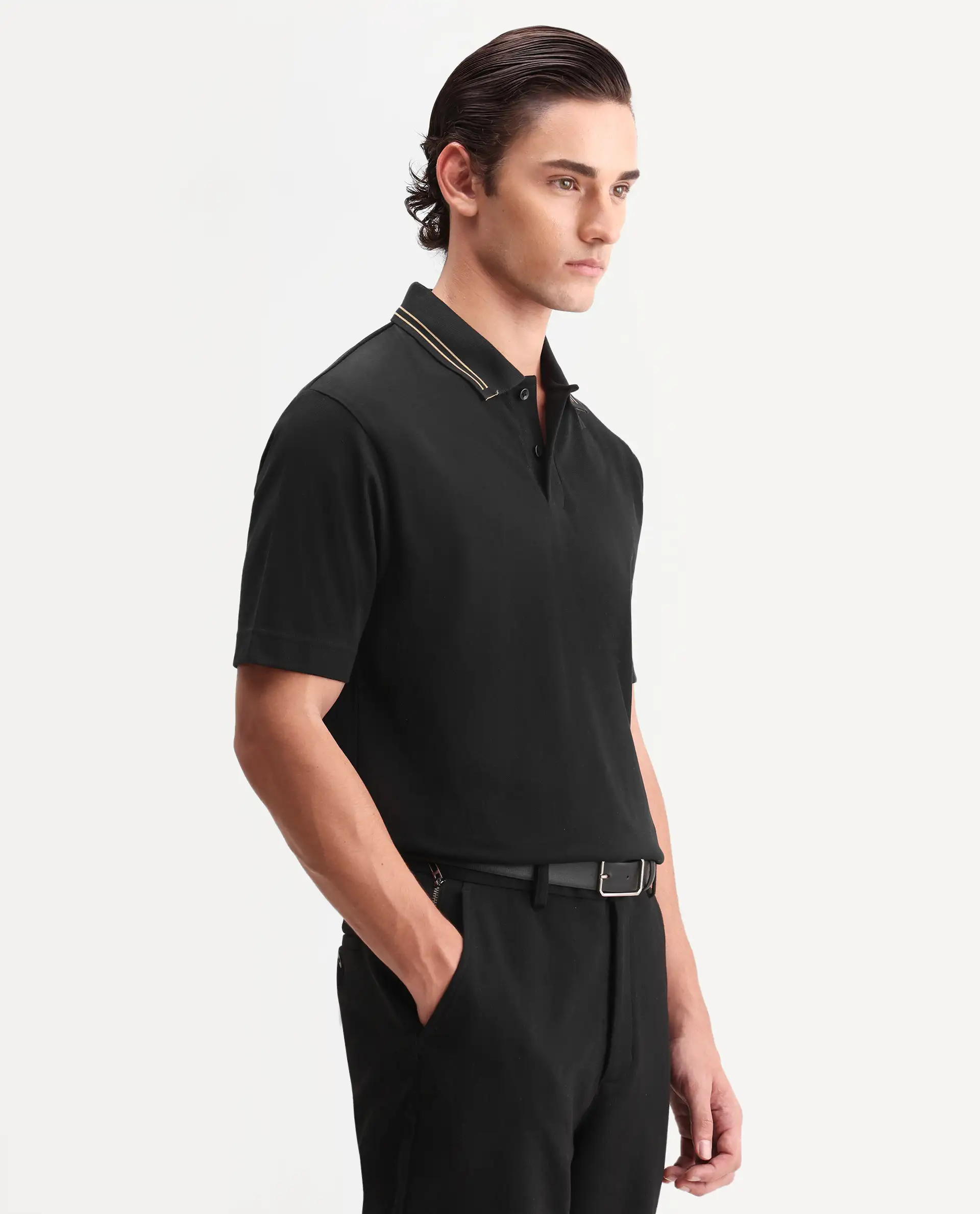 Rare Rabbit Men's Zirn Black Cotton Fabric Half Sleeve Spread Collar Regular Fit Plain Polo - Image 5