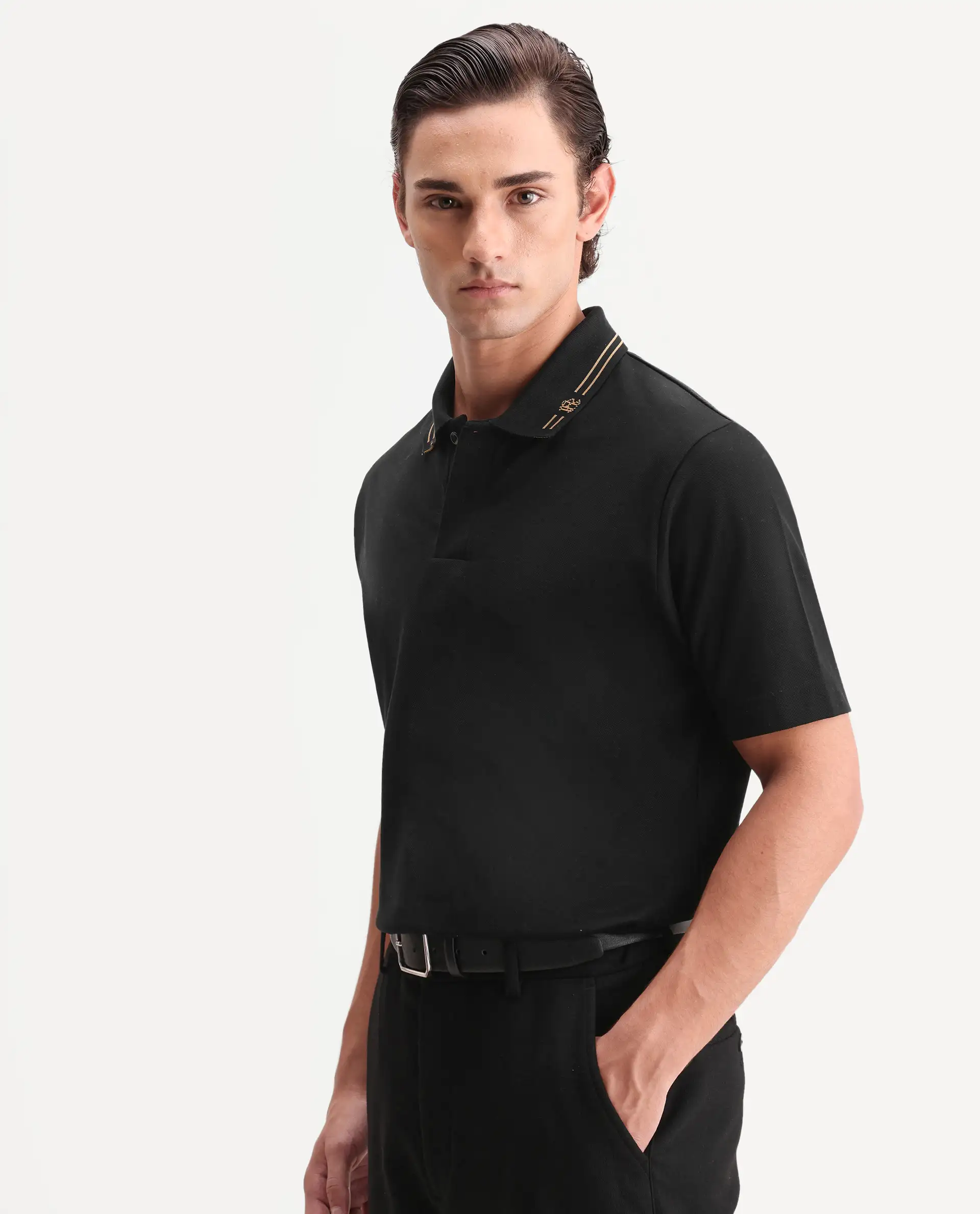 Rare Rabbit Men's Zirn Black Cotton Fabric Half Sleeve Spread Collar Regular Fit Plain Polo - Image 6