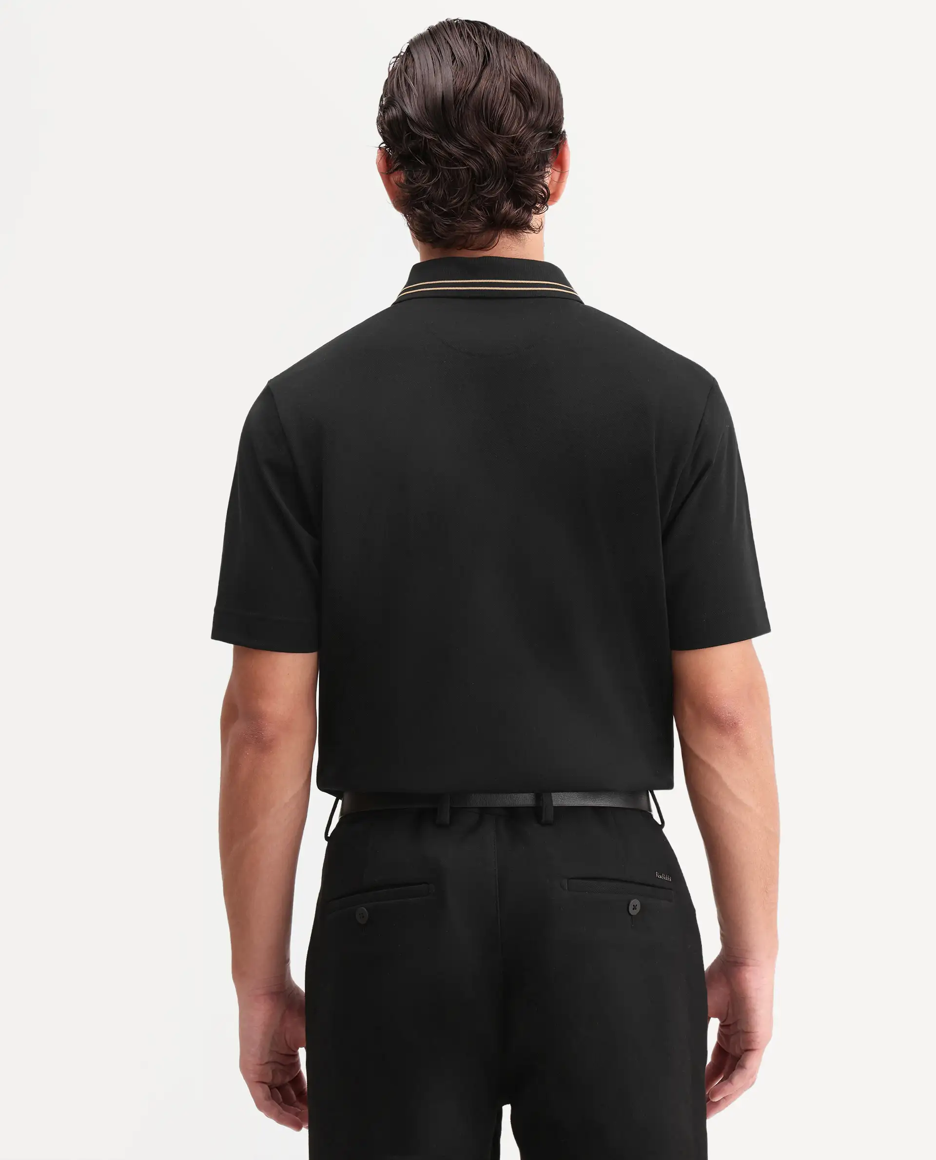 Rare Rabbit Men's Zirn Black Cotton Fabric Half Sleeve Spread Collar Regular Fit Plain Polo - Image 7